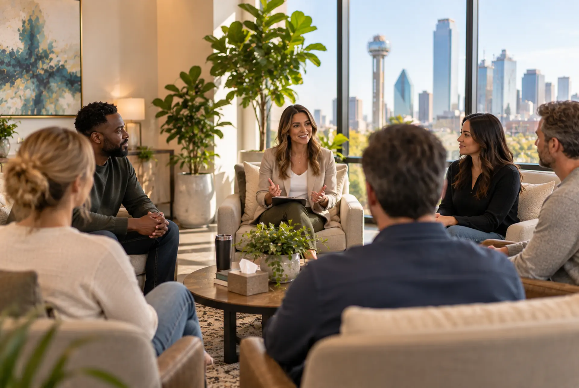 A group therapy session at Saltwood Mental Health in Dallas Texas