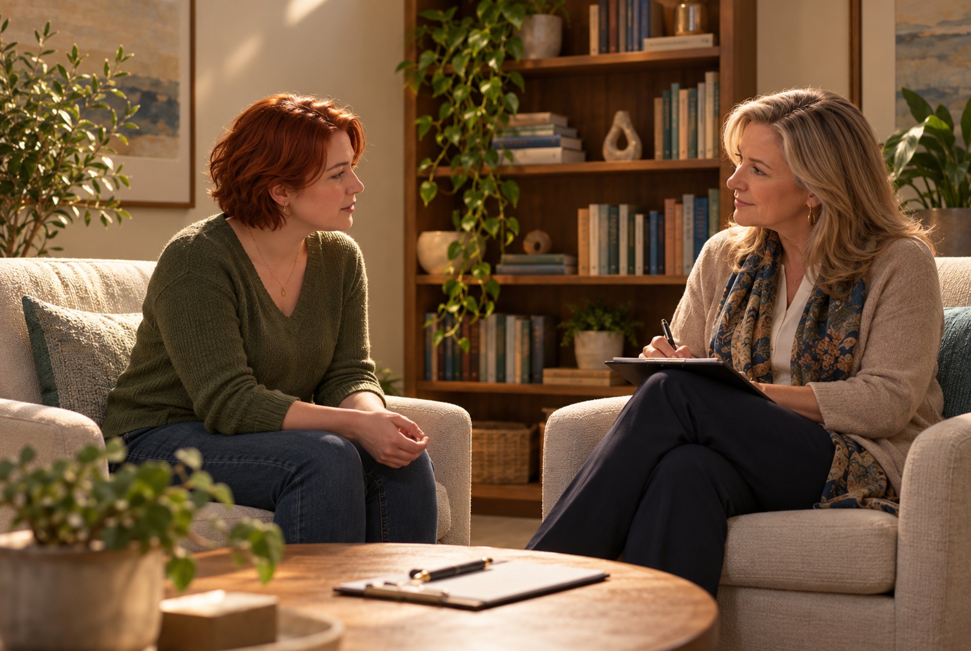 Therapist supporting a client in a counseling session.
