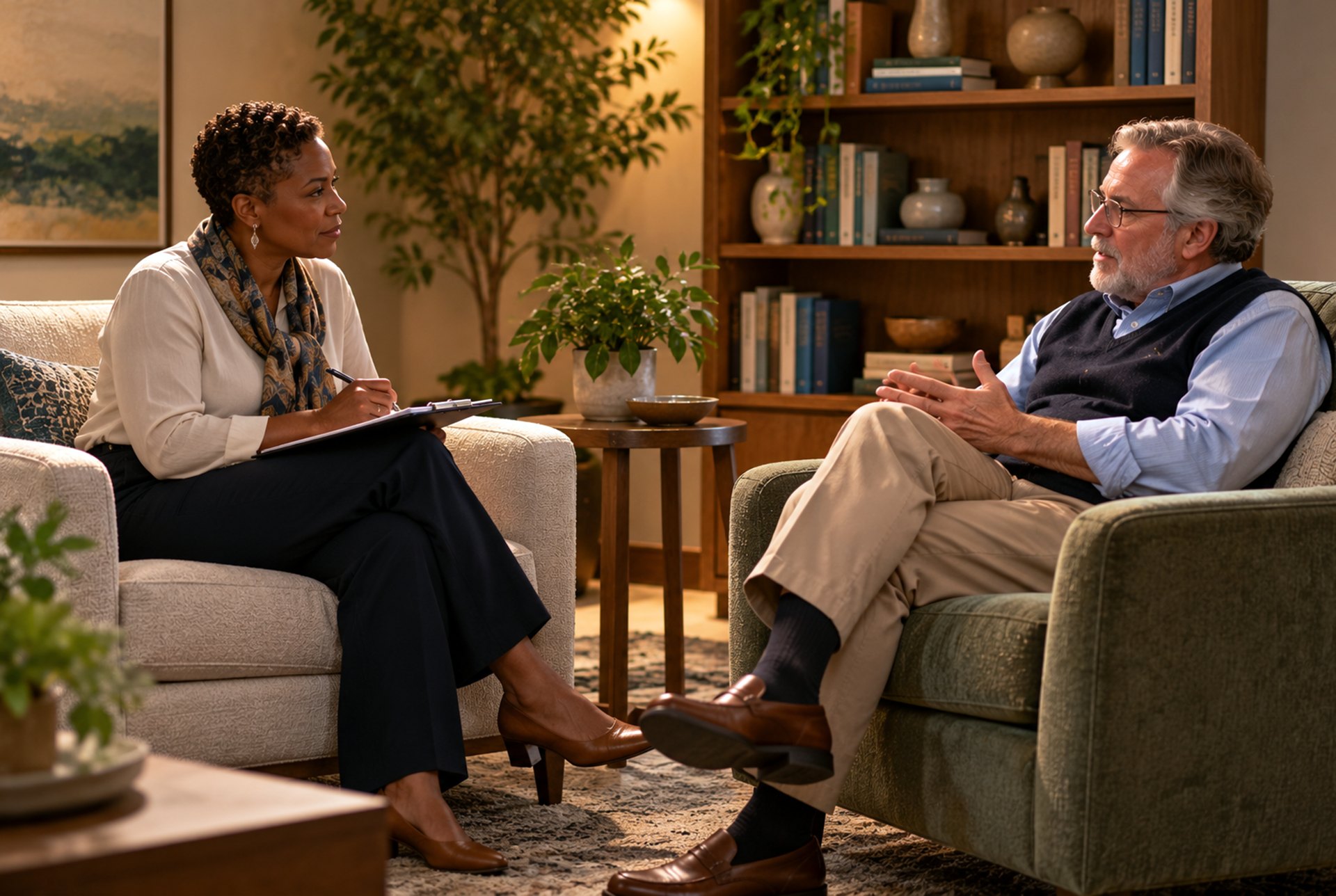 Therapist supporting a client in a counseling session.