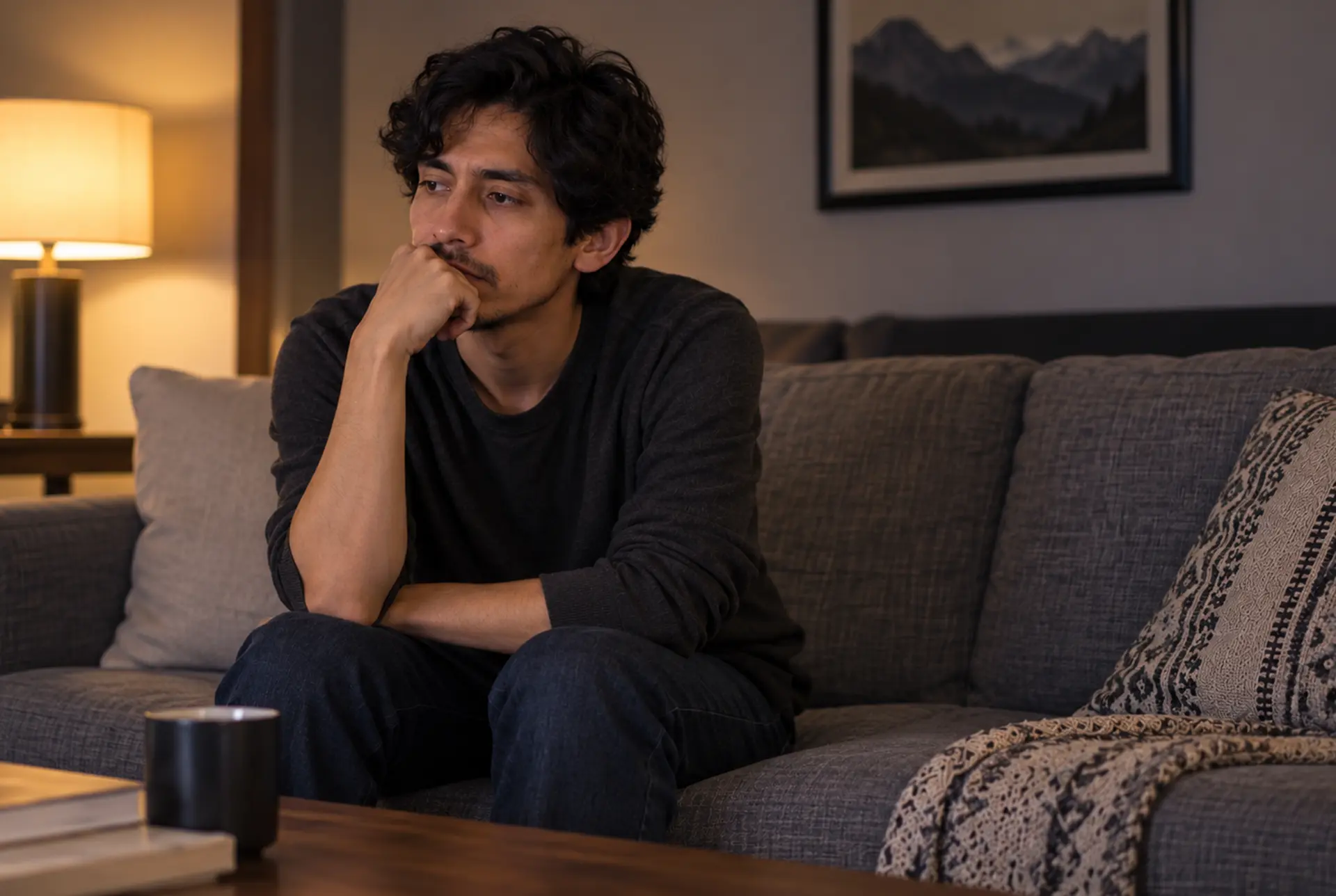 A man on a couch thinking