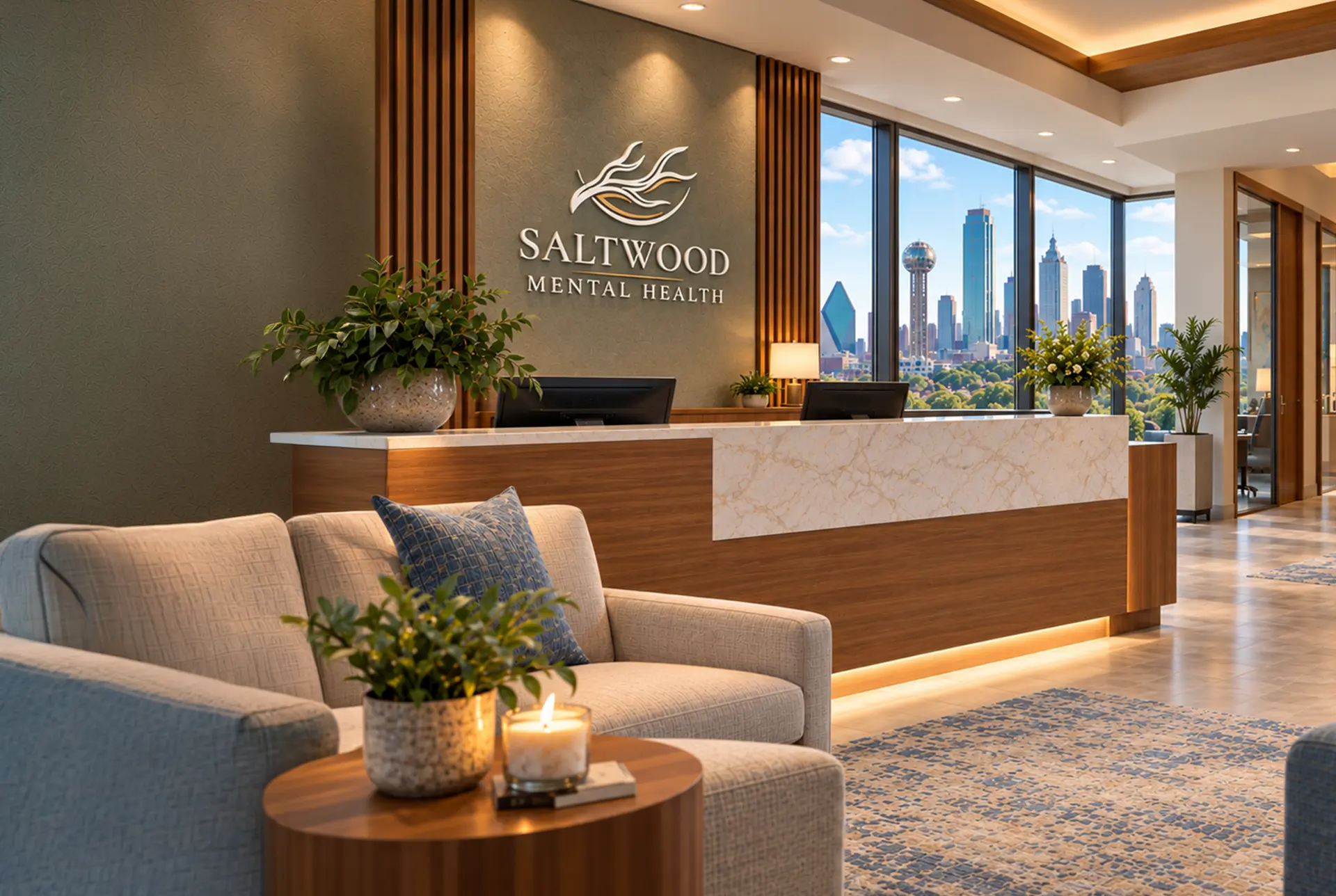 A welcoming reception area. Saltwood Mental Health in Dallas Texas