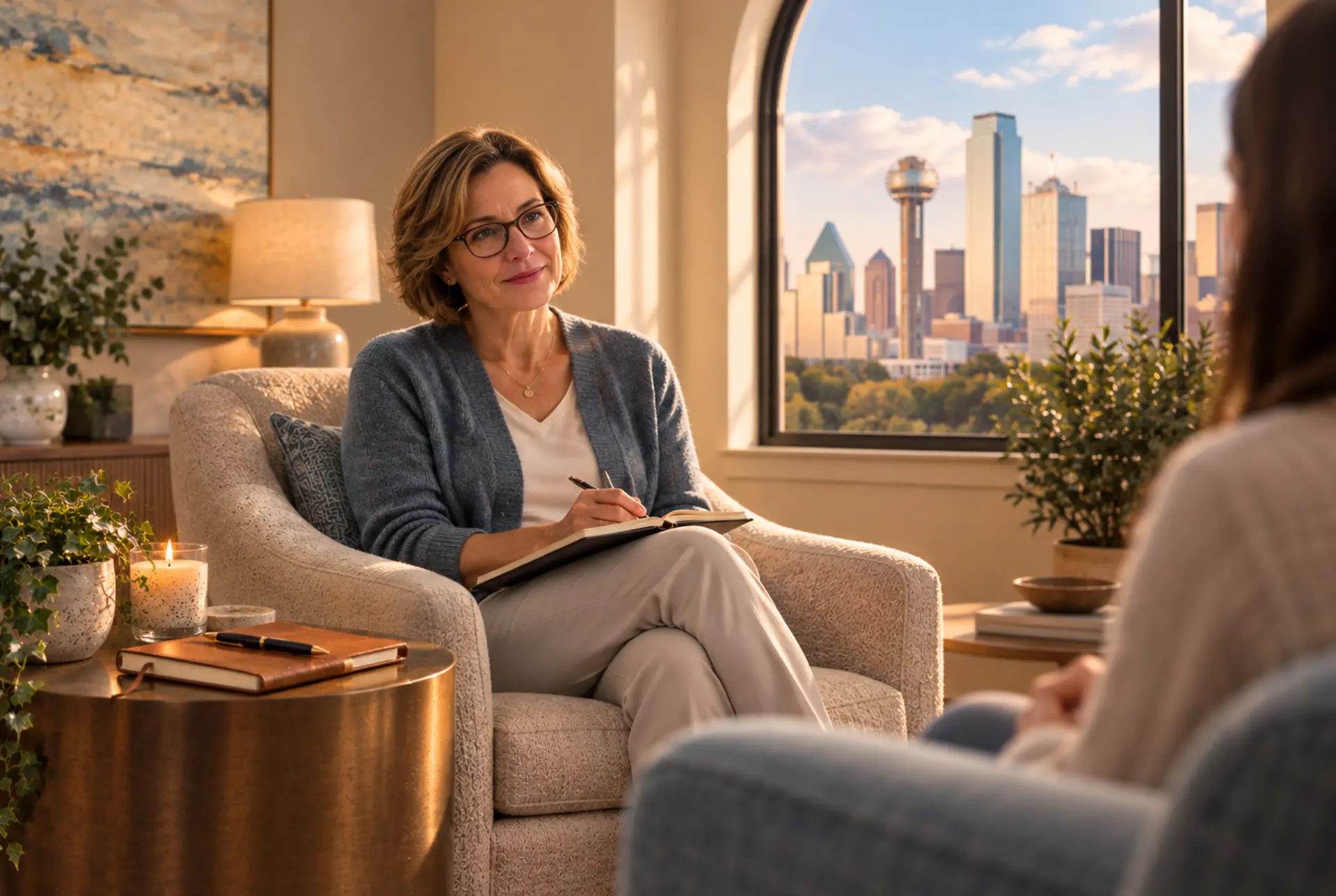 A therapist talking to a client about binge eating disorder at Saltwood Mental Health in Dallas, Texas