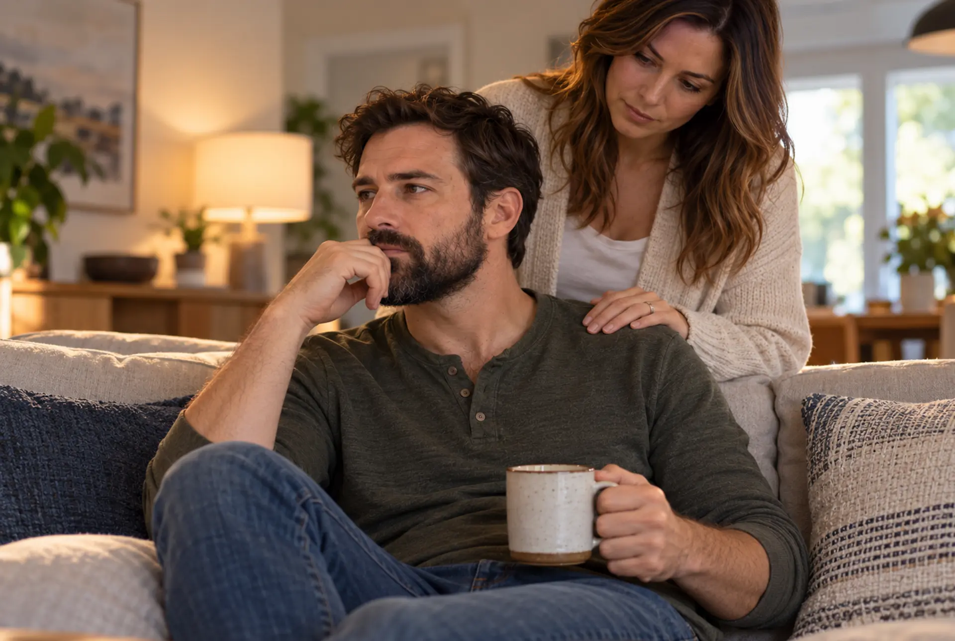 A man on a couch thinking, his wife comforts him