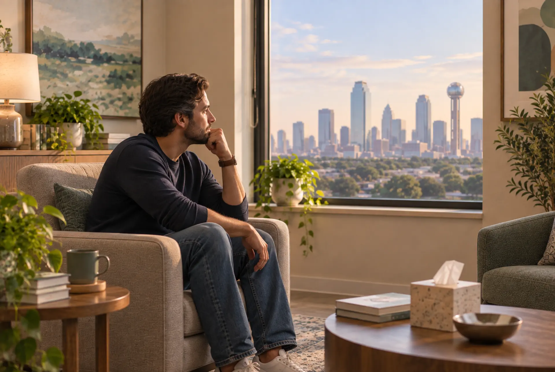 Adult sitting quietly by a window, reflecting on early life experiences