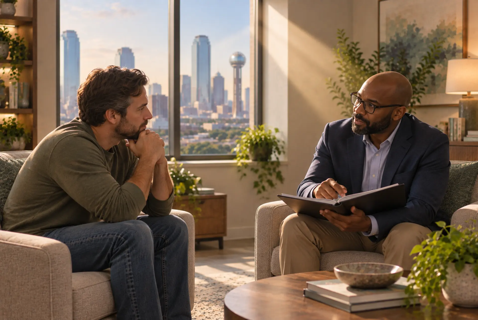 Clinician reviewing a personalized care plan with an adult client.