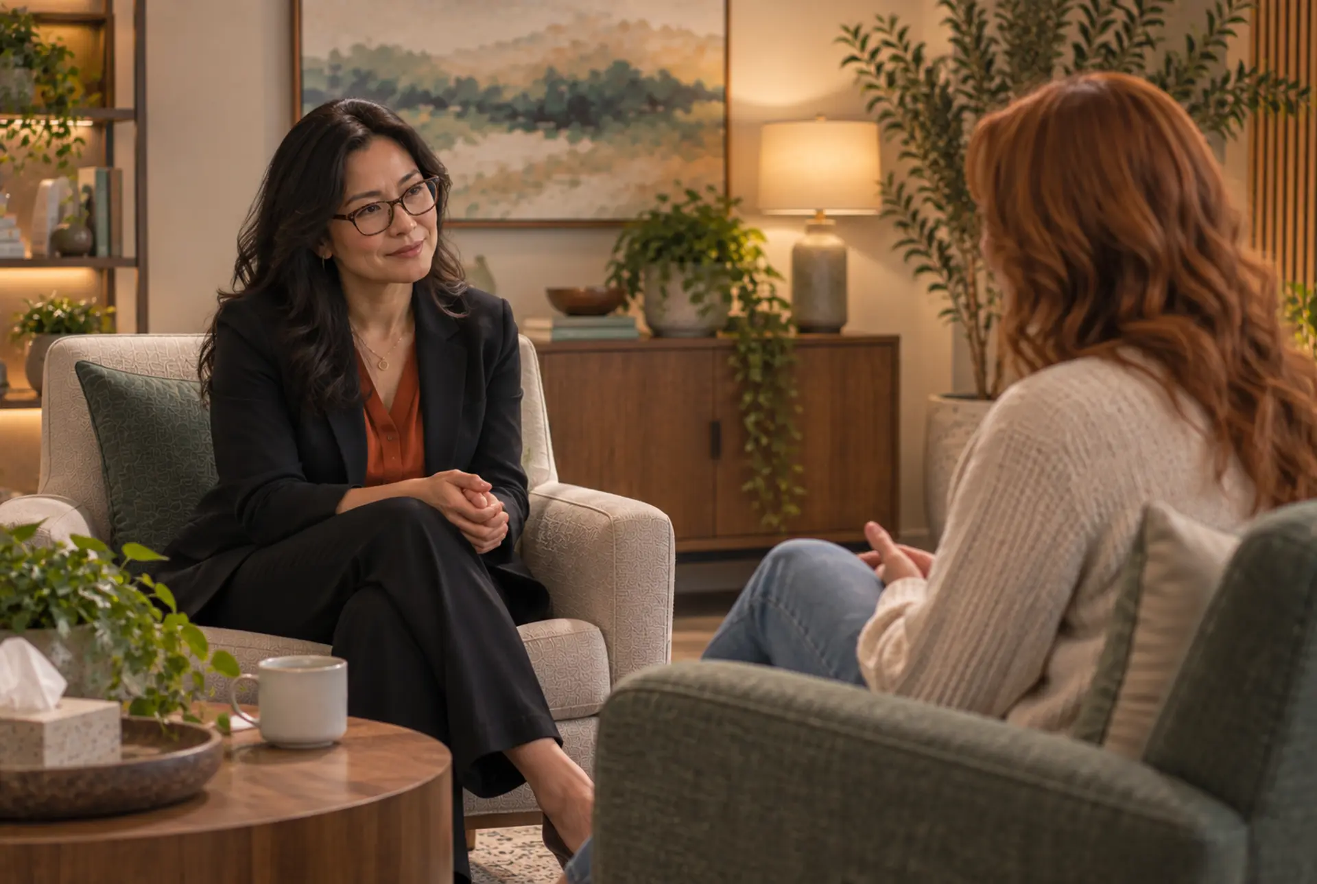 Therapist and adult client in a supportive trauma therapy session in Dallas.