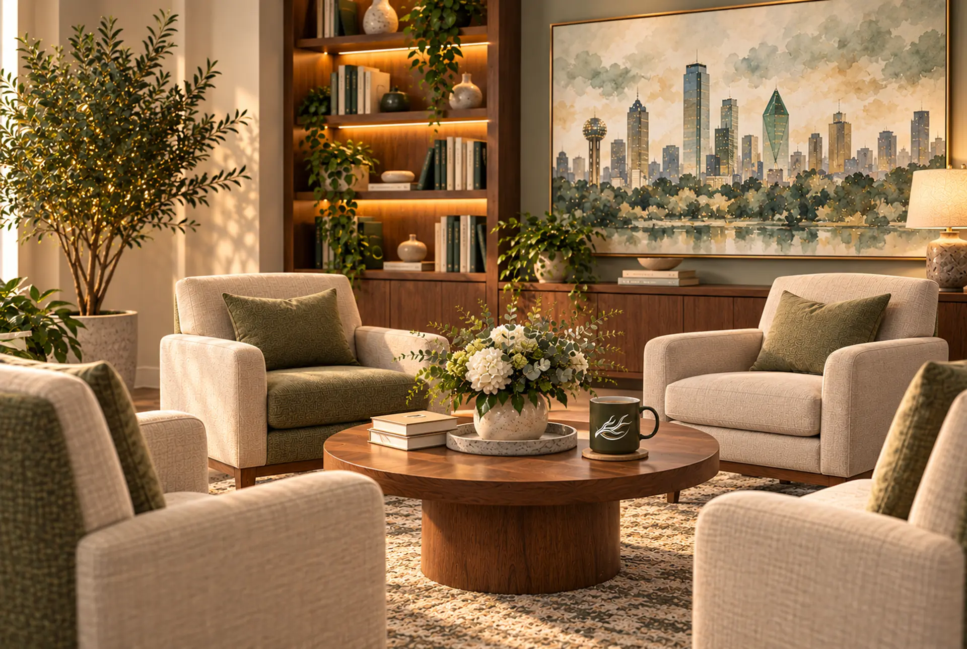 A circle of armchairs in a bright room