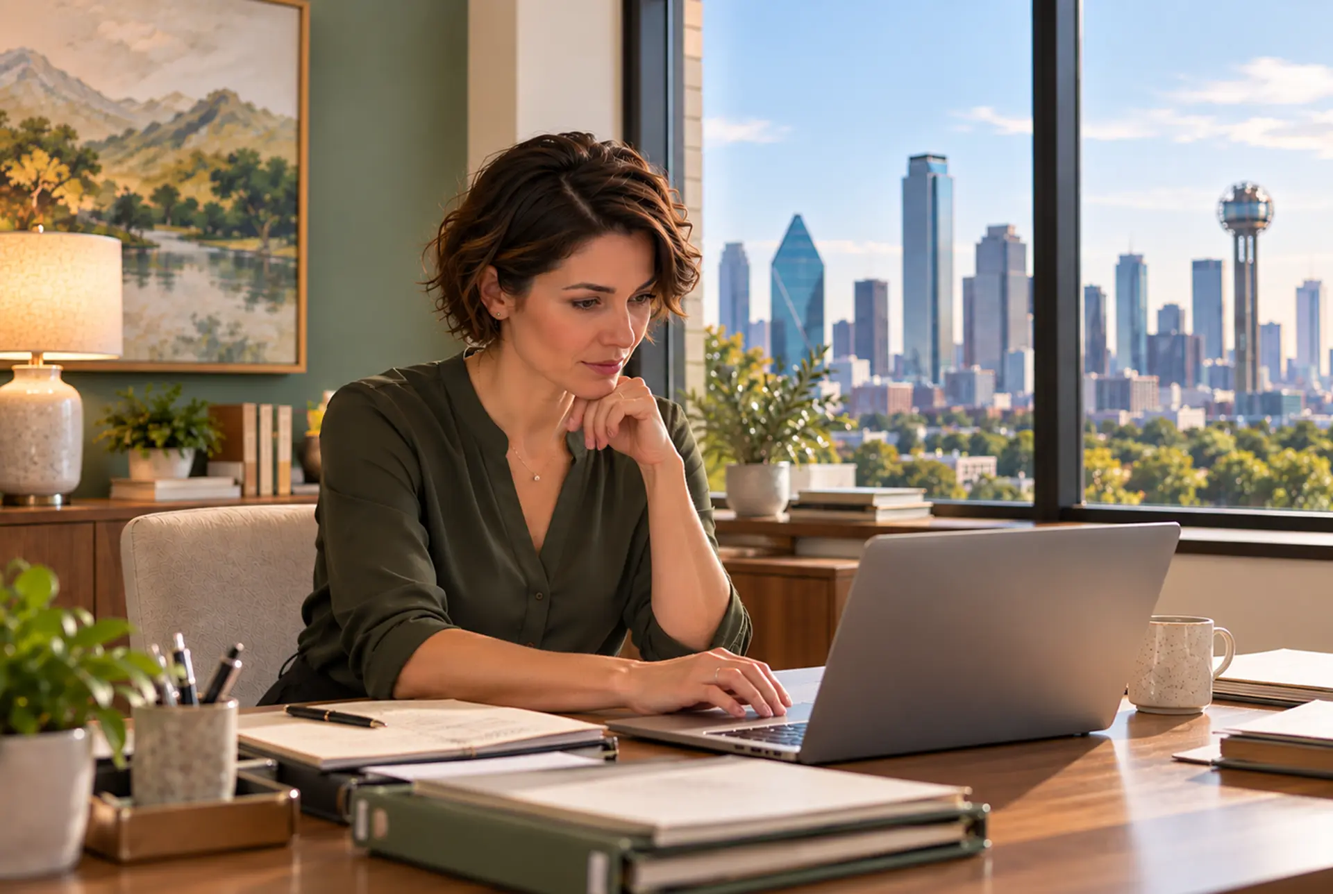 Cognitive Behavioral Therapist sitting at her desk. Saltwood Mental Health in Dallas, Texas