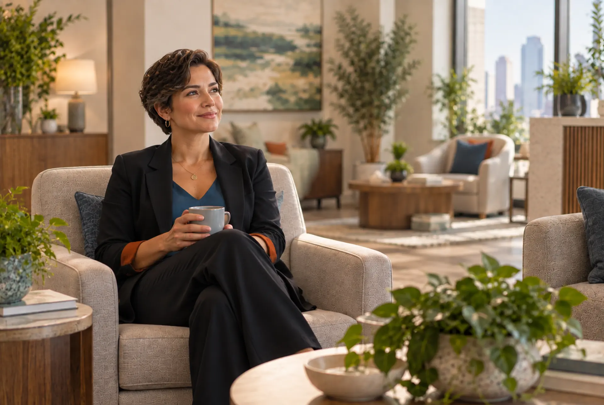 Composed professional adult in a bright clinic lounge, conveying resilience and healing.