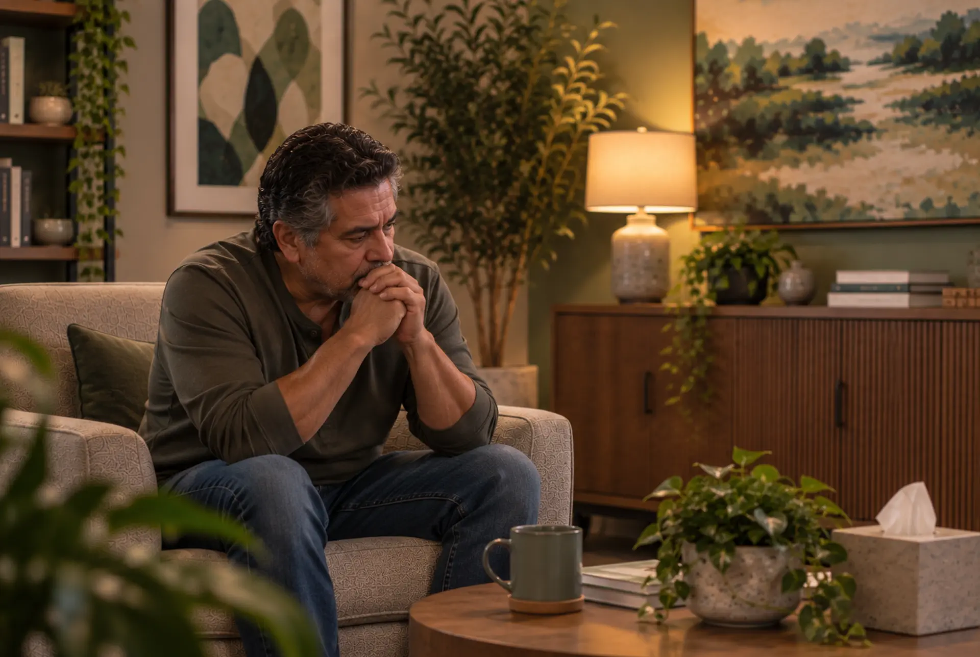 Adult reflecting quietly in a warm room, conveying the weight of long-term trauma.