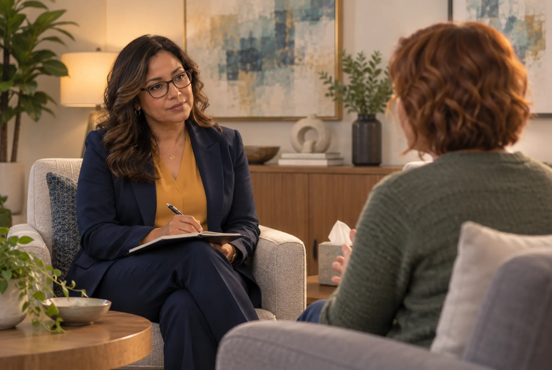Clinician listening closely to an adult client during an evaluation.