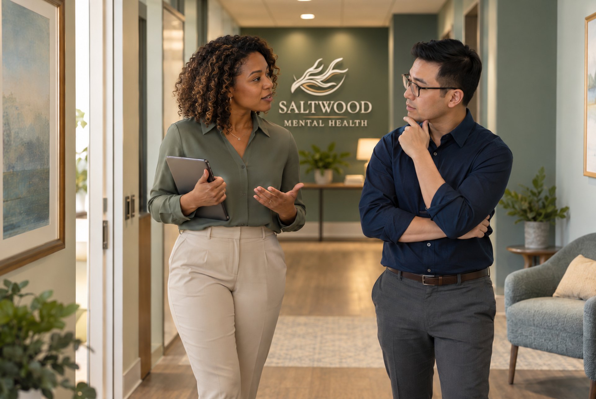 Two clinicians discussing cyclothymia treatment at a luxury mental health center in Dallas