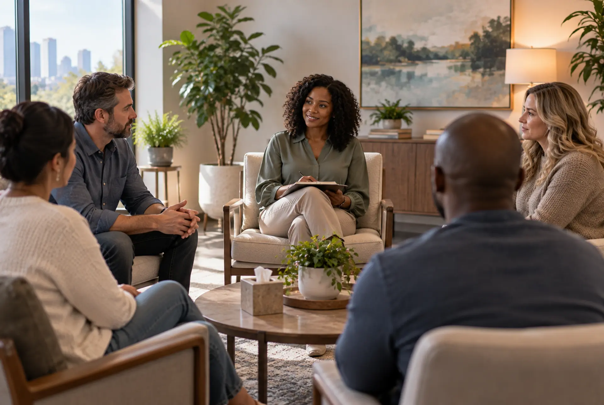 Small group therapy session in a calm treatment setting.