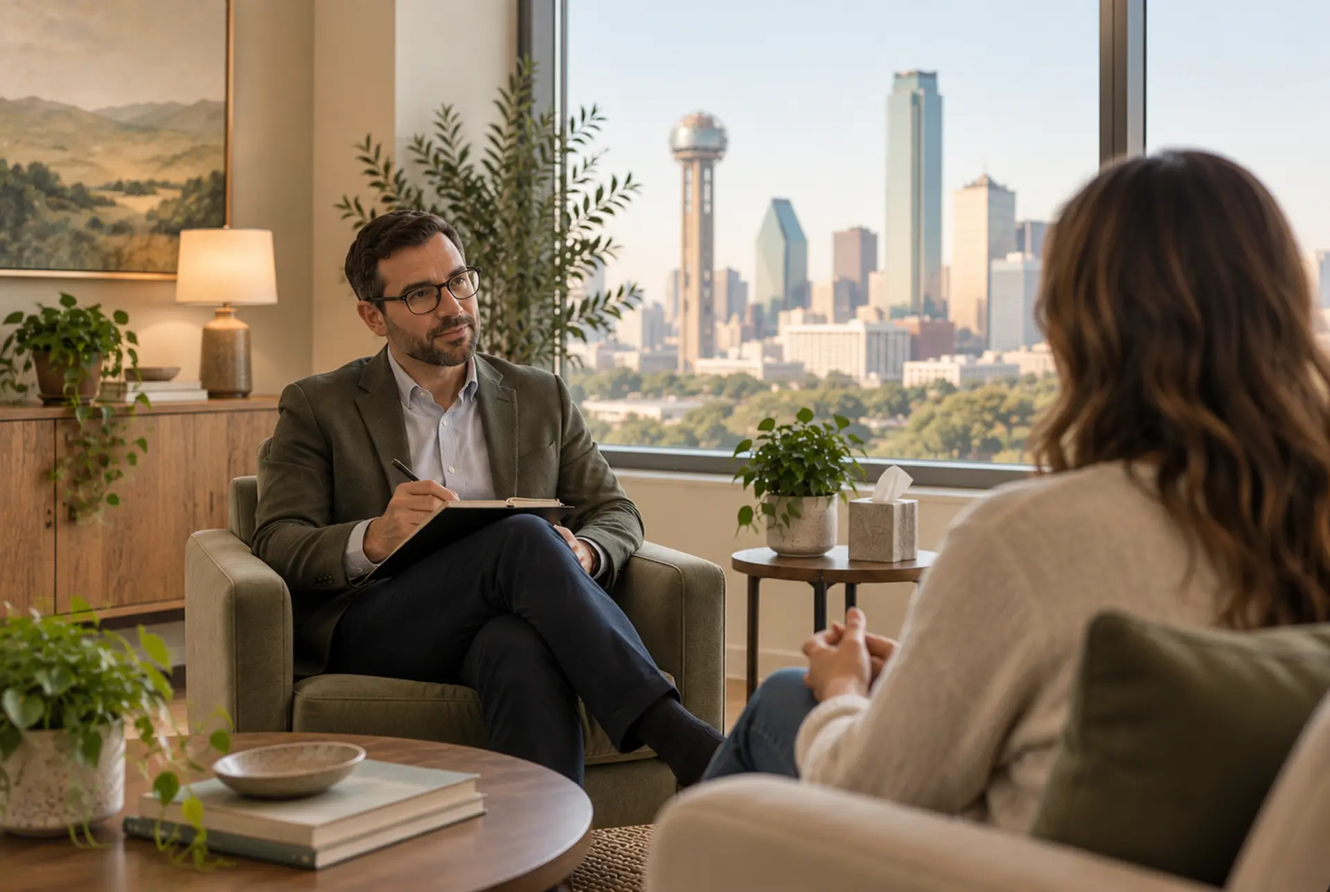 A provider speaking to a client about psychiatric evaluations in Dallas.