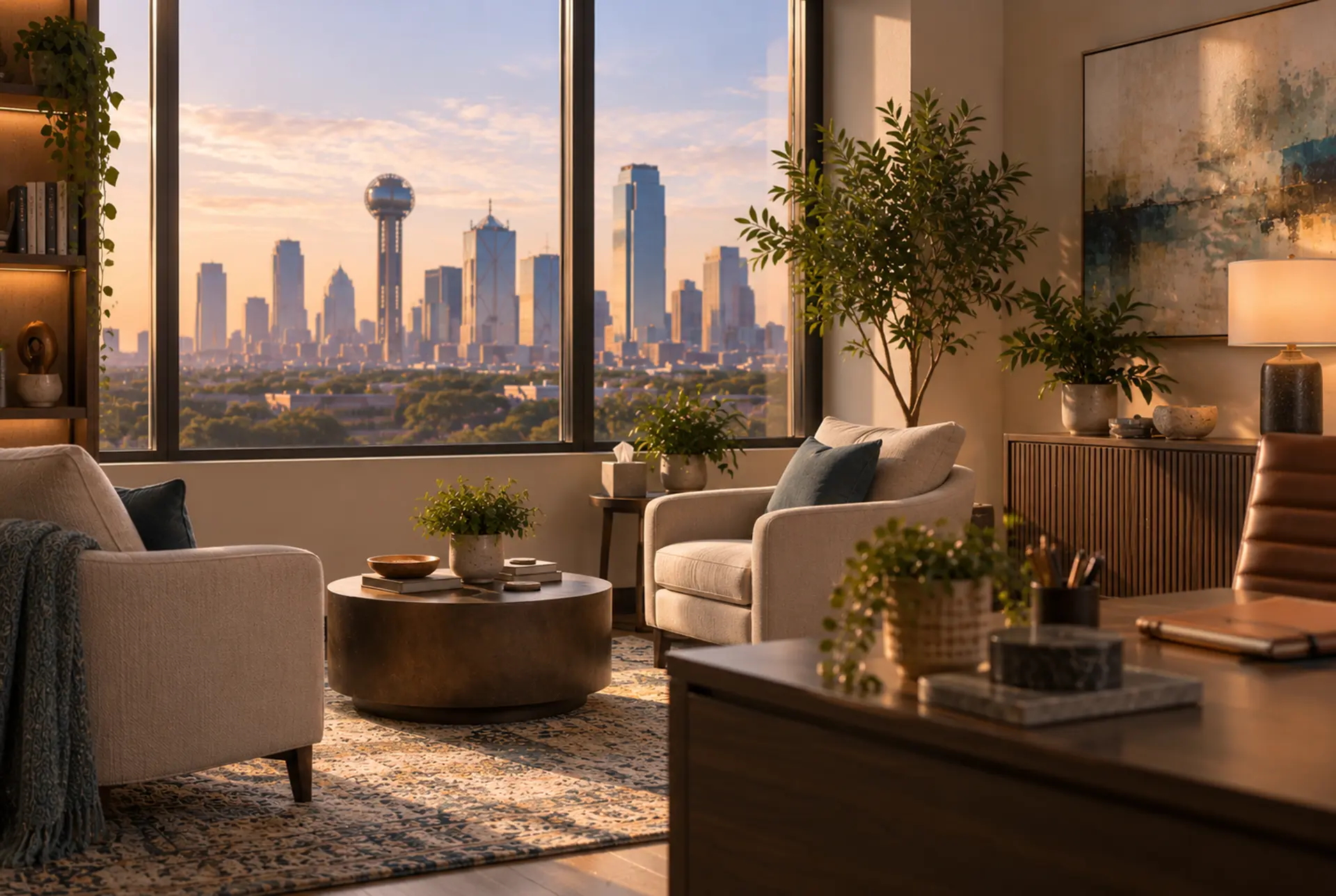 Private executive burnout treatment office at a discreet Dallas clinic.