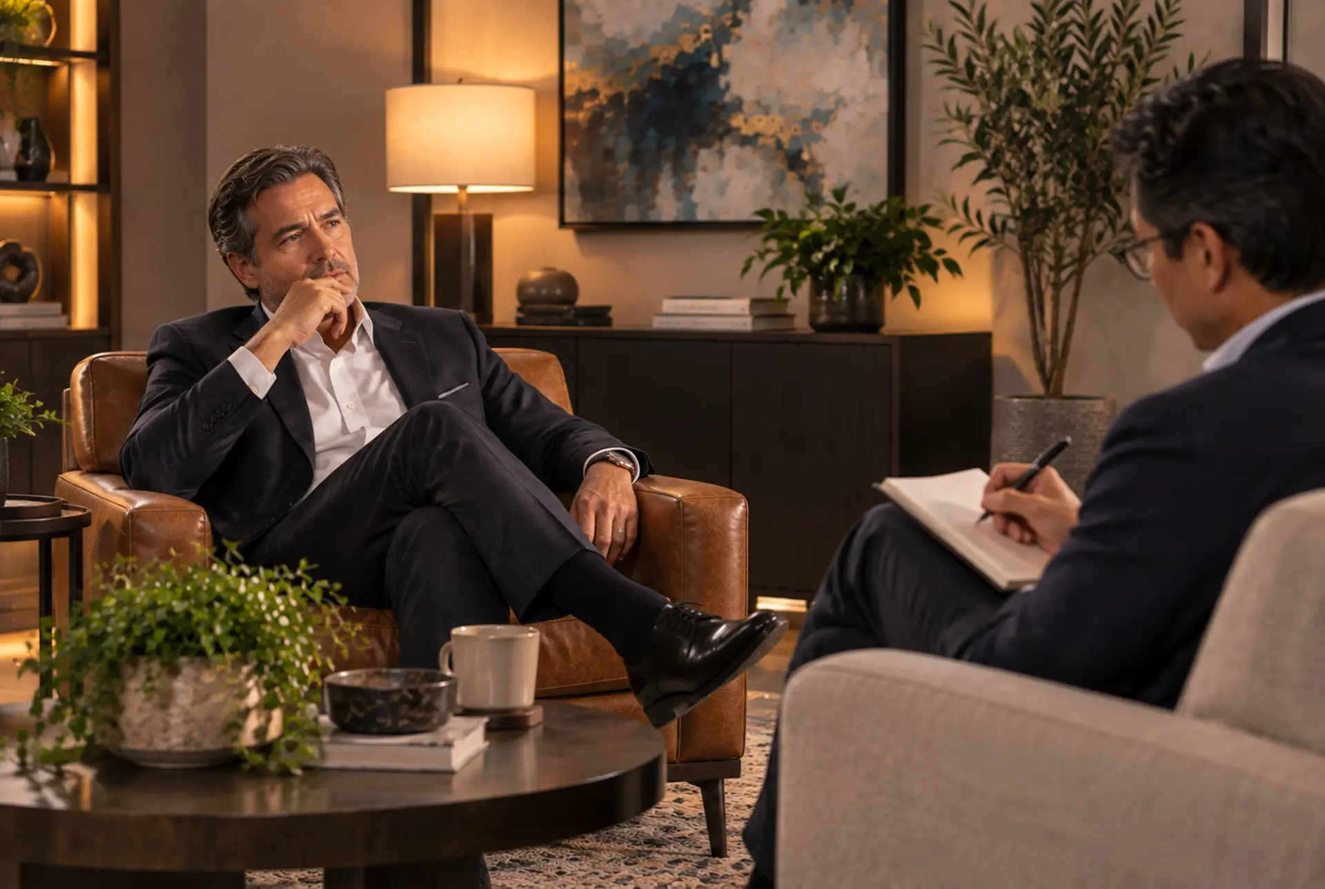 Clinician in confidential conversation with a professional client.