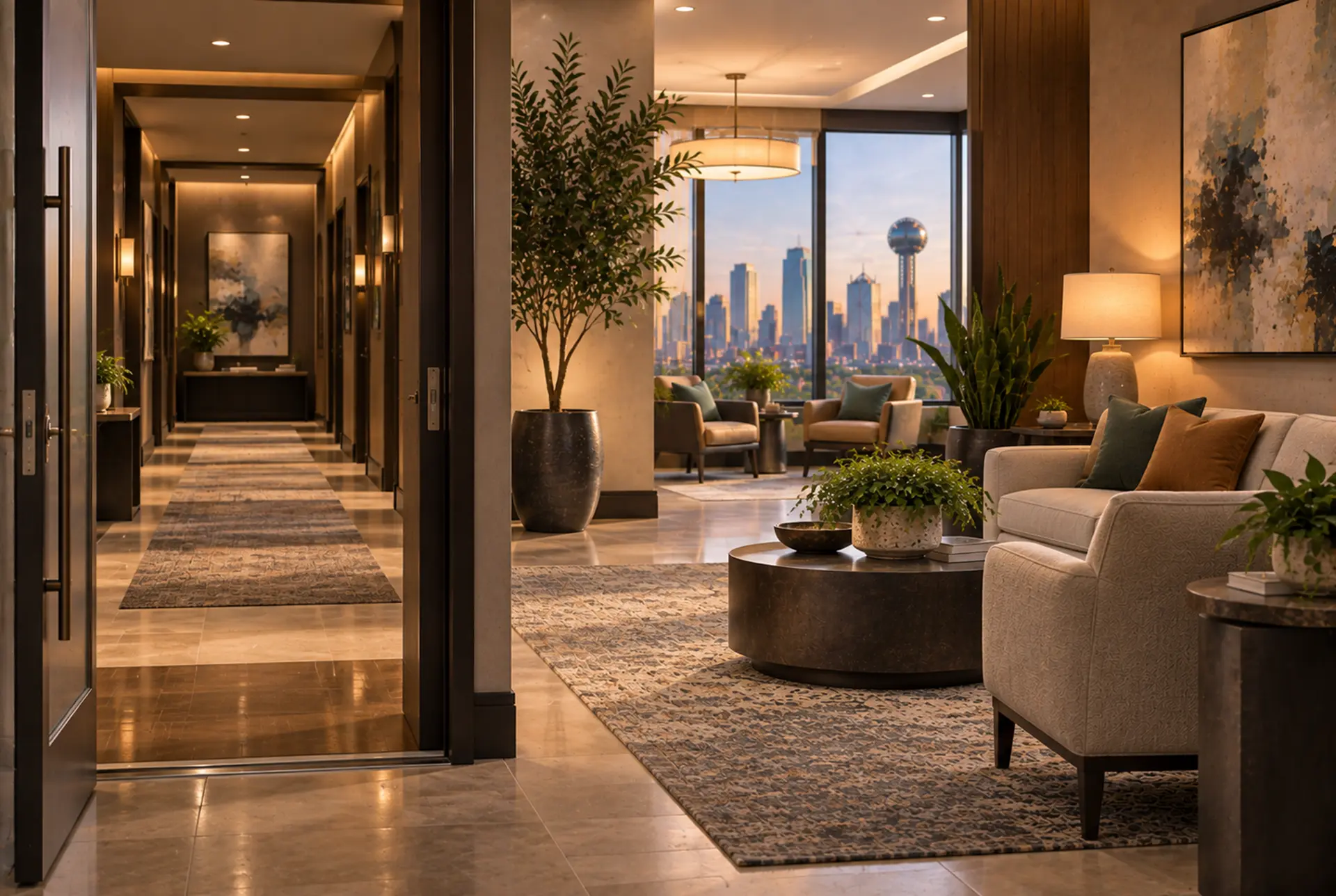 Discreet private entrance and calm lounge at an upscale Dallas clinic.
