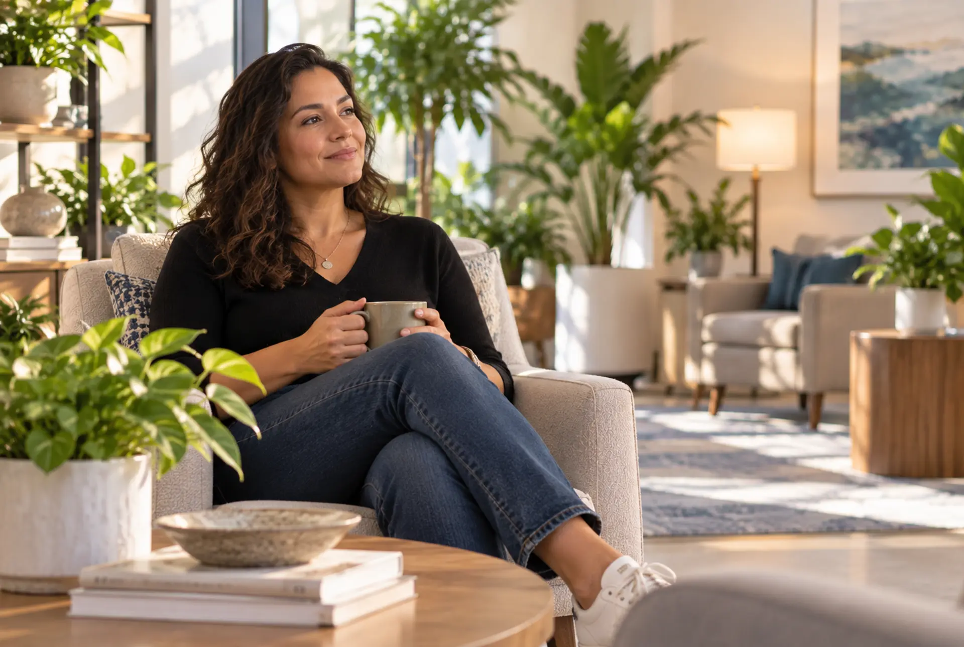 Adult finding a moment of calm in a bright, plant-filled clinic lounge.