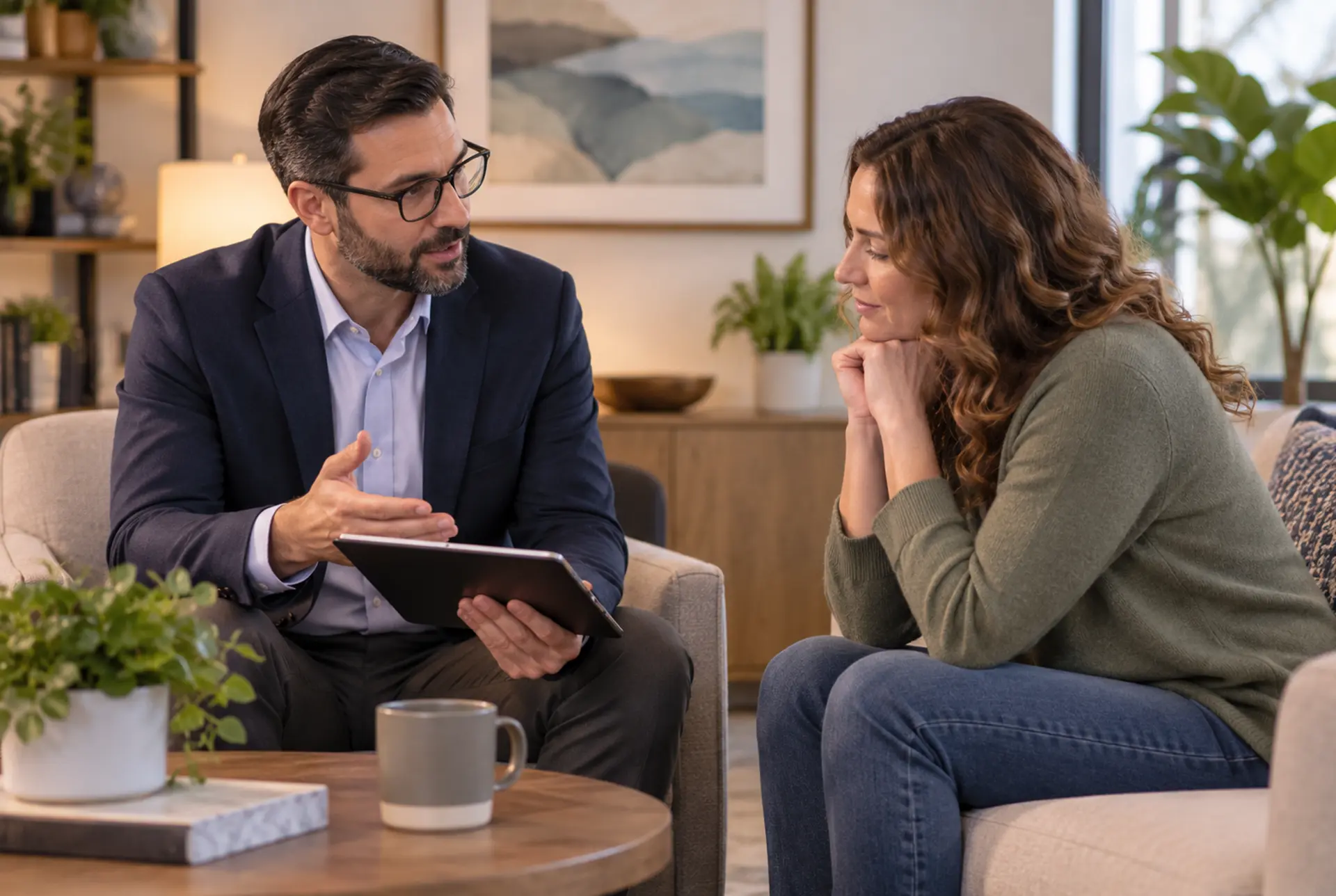 Clinician discussing a personalized care plan with an adult client.