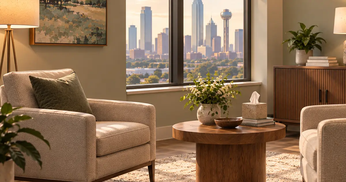 Calm outpatient complex PTSD treatment room at a Dallas mental health clinic.