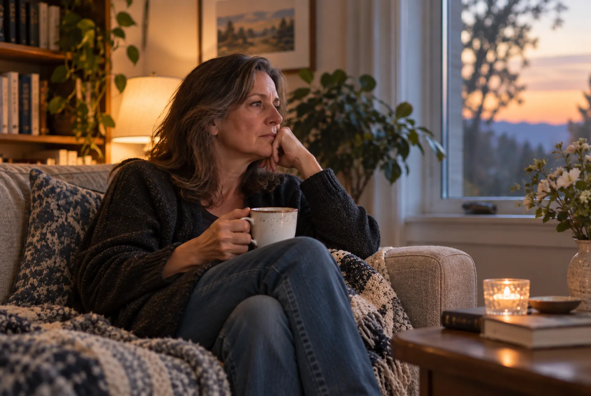 Adult sitting quietly with a warm cup of tea, processing a recent loss.
