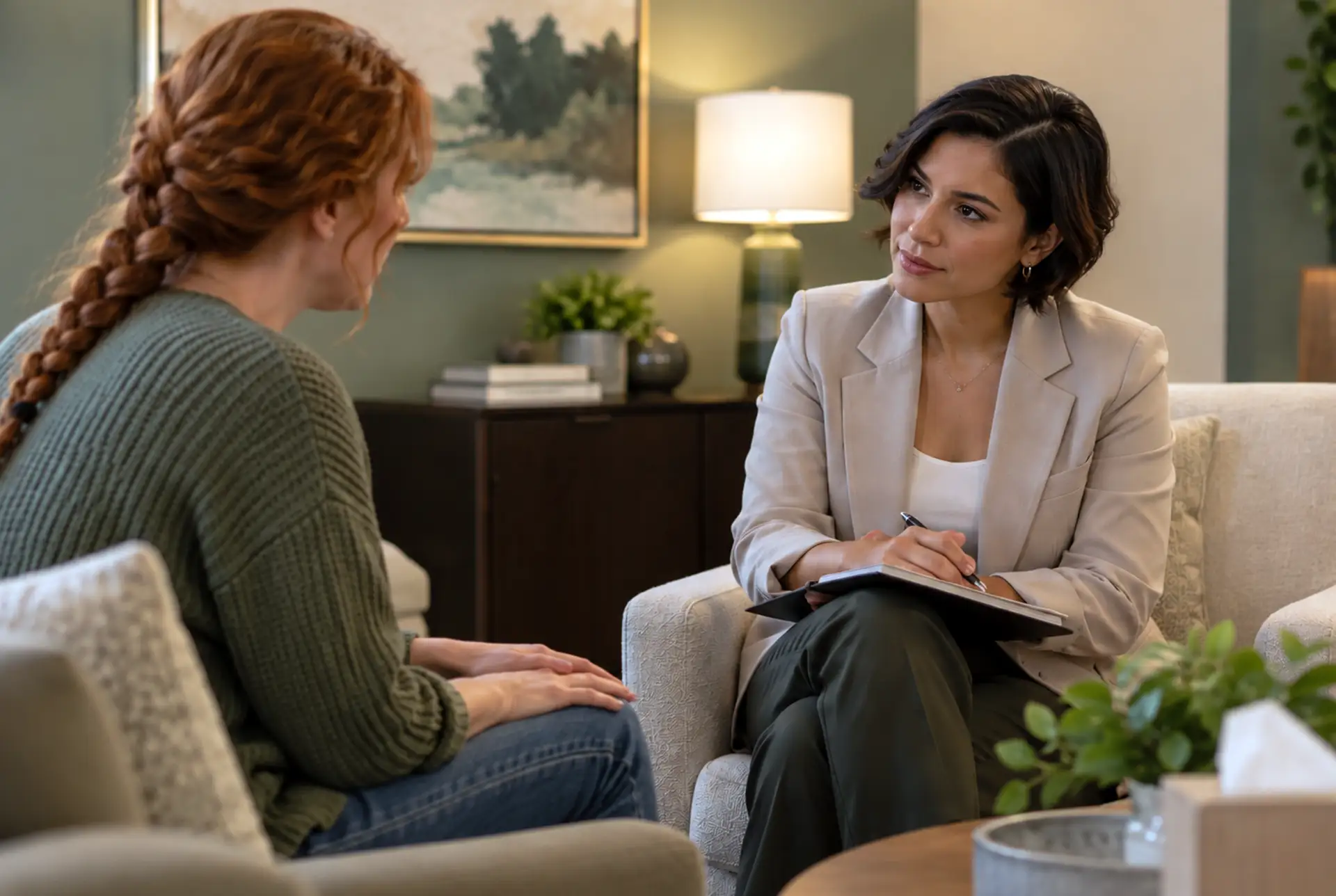 Client discussing anxiety symptoms with a therapist.