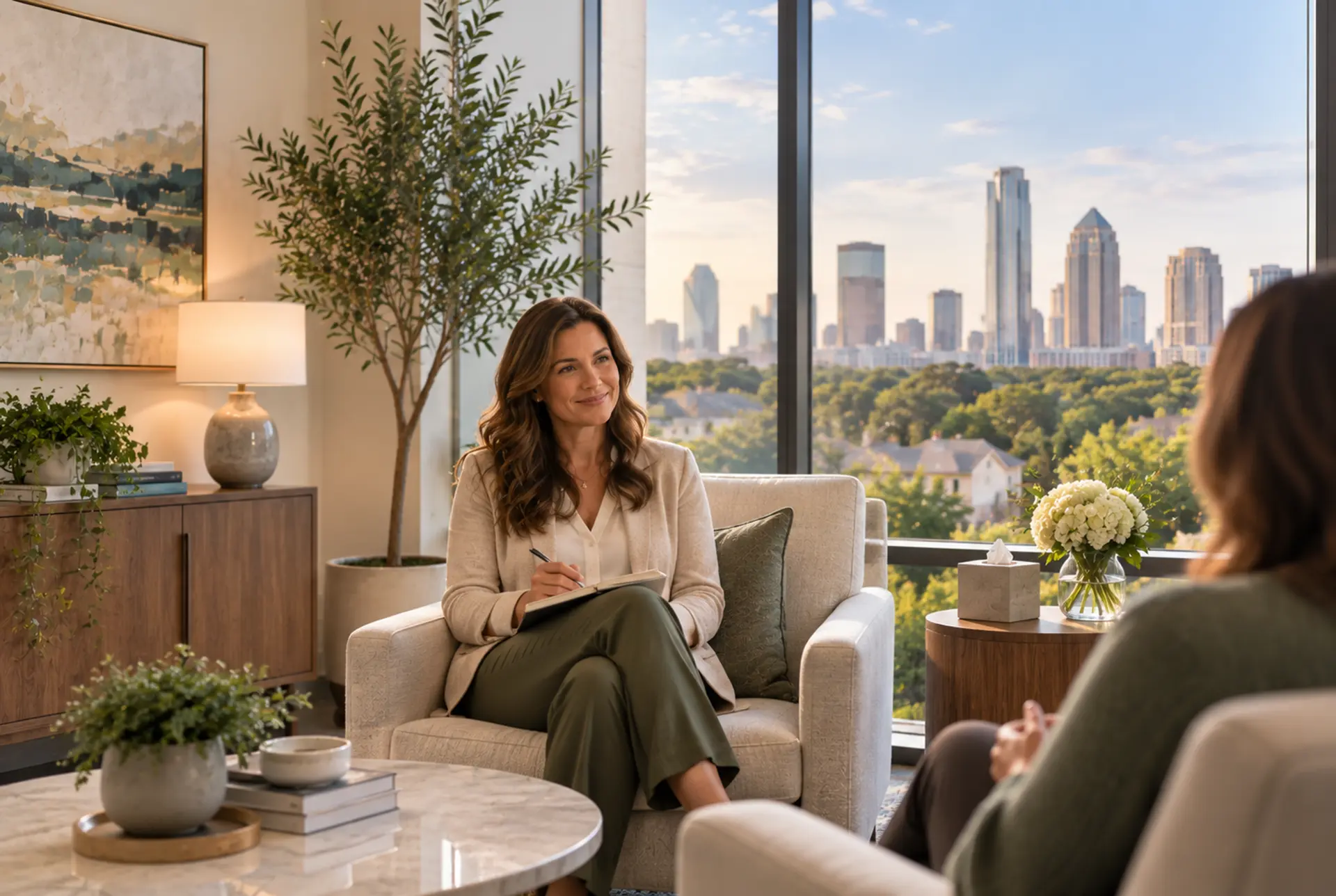 Therapist talking with a client in a private office.