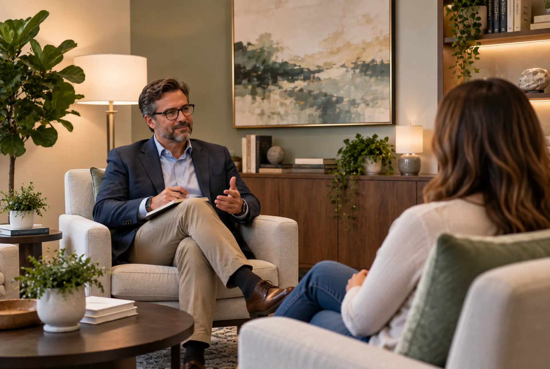 Mental health provider listening during an individual consultation.