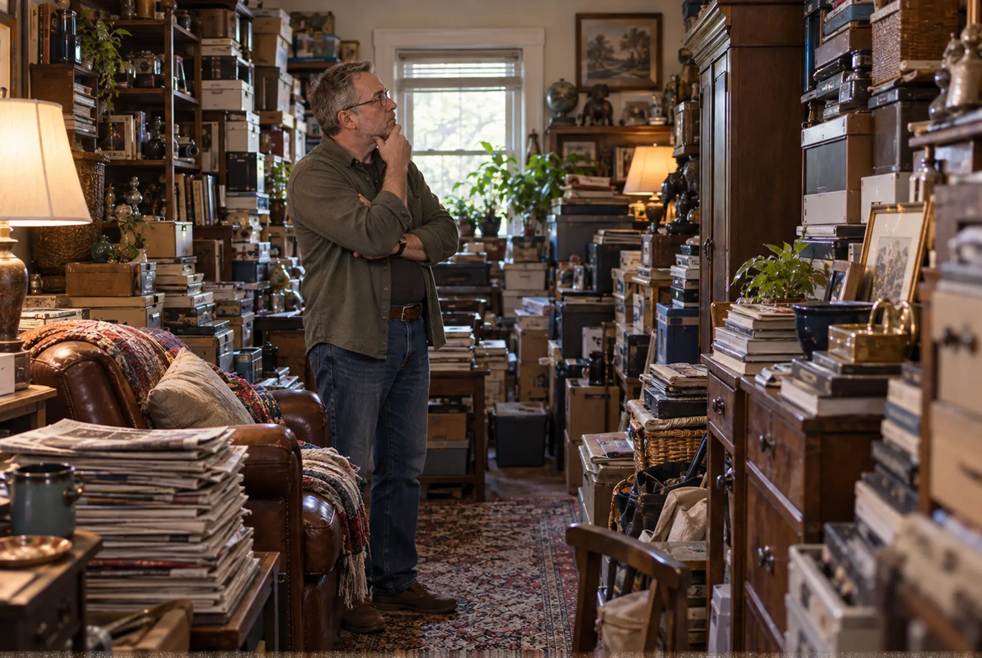 Adult reflecting quietly about clutter and difficulty discarding.