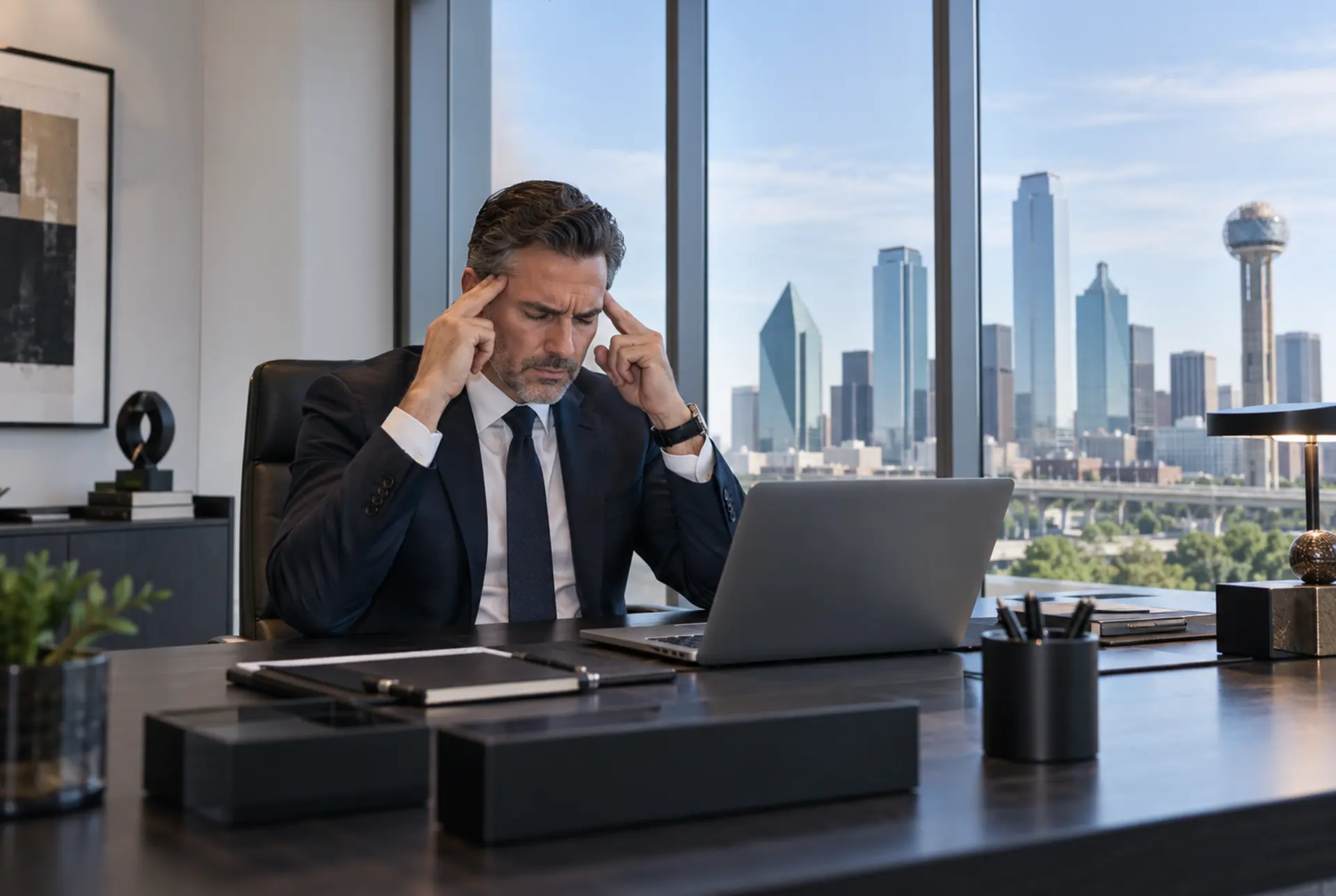 Professional adult managing intrusive thoughts while at work.