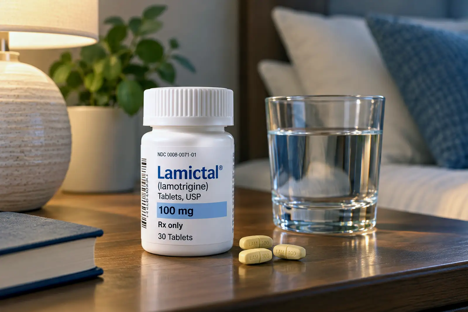 Medication bottle and tablets on a bedside table.