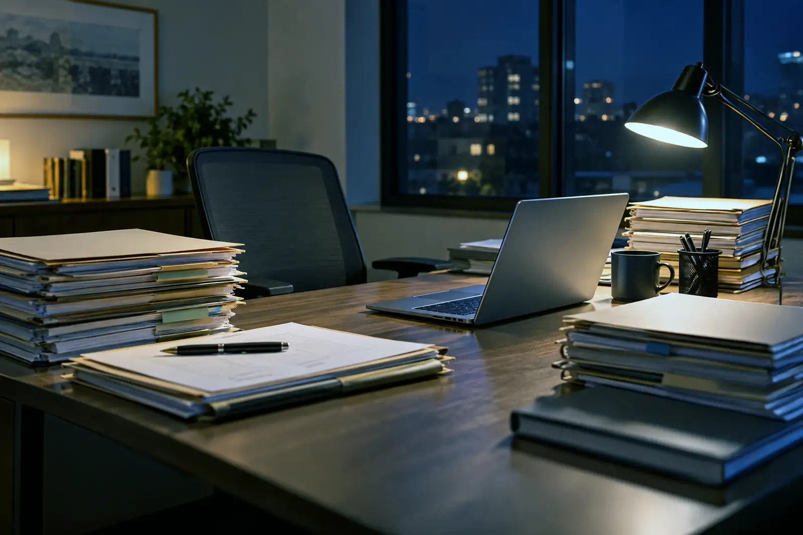 Case files piled on a desk late at night in a law office