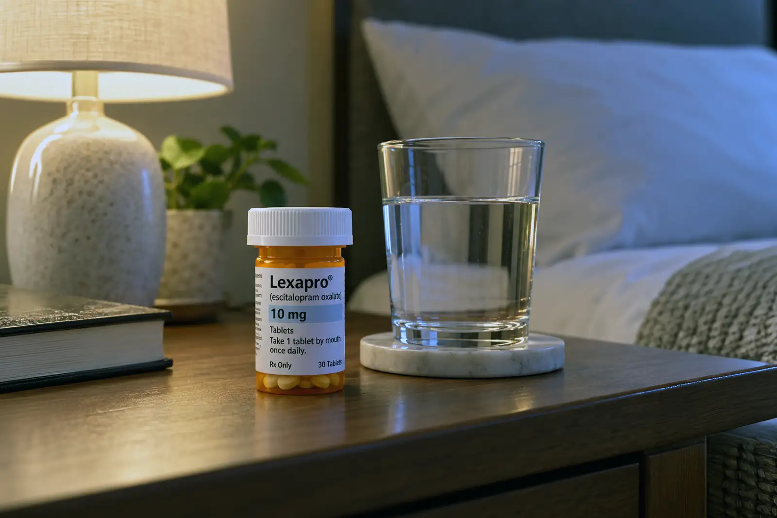Prescription bottle of Lexapro next to a glass of water on a bedside table.