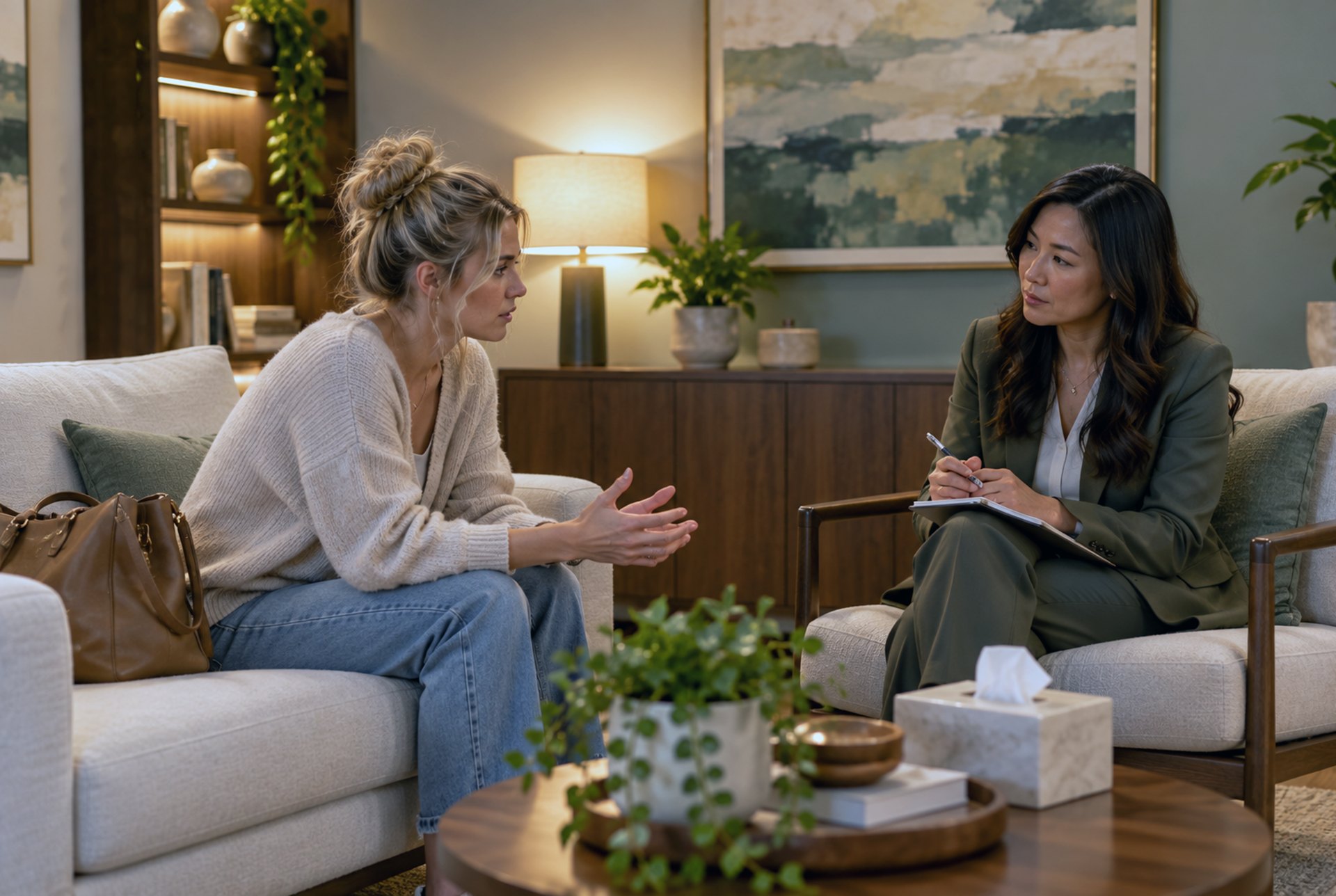 Client speaking with a therapist during major depressive disorder treatment in Dallas, TX.