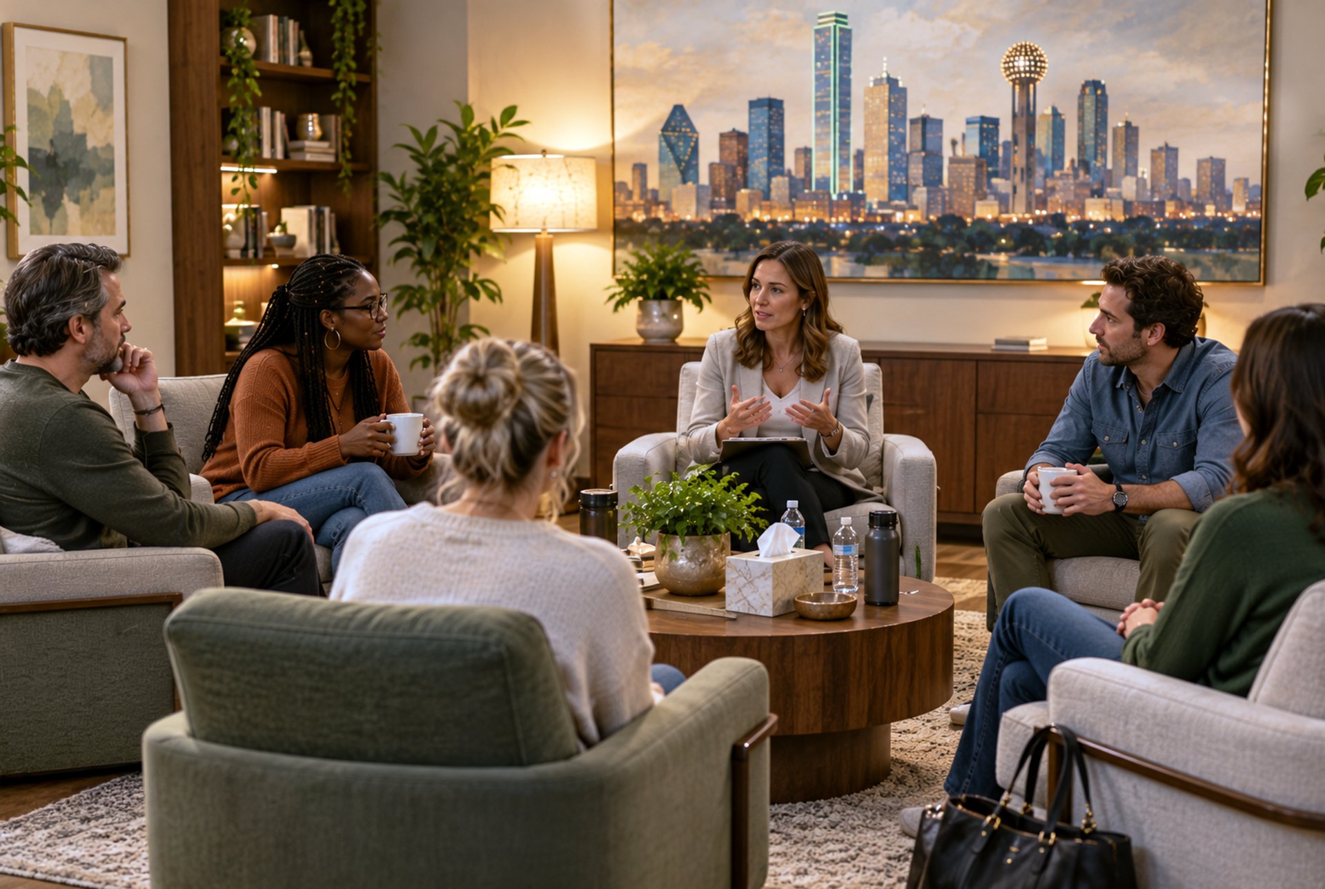 Group therapy session for adults receiving treatment.