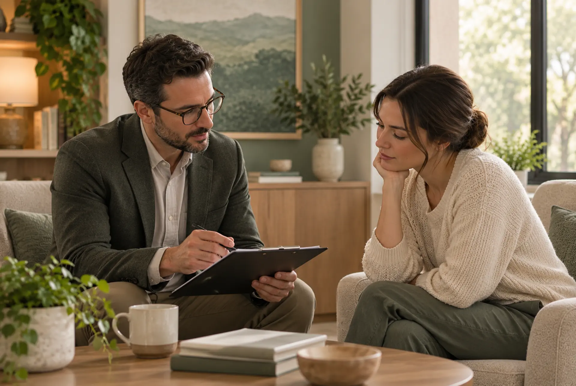 A mental health provider reviewing a patient’s treatment plan.
