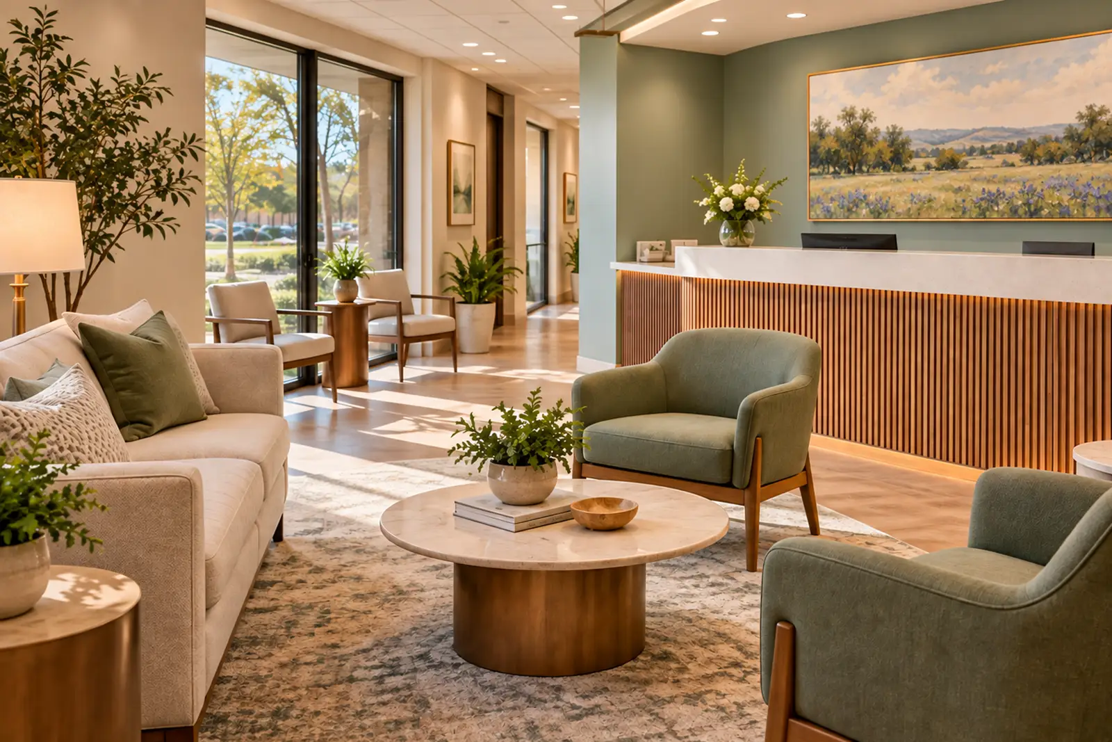 Calm outpatient mental health clinic waiting area in Dallas