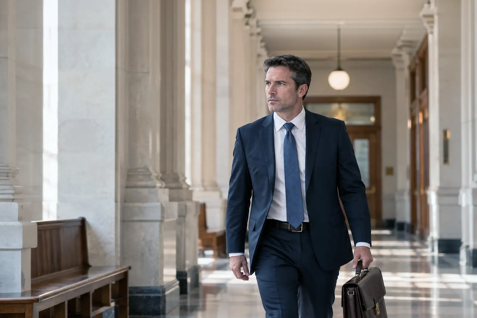 Lawyer walking through a courthouse hallway looking tense