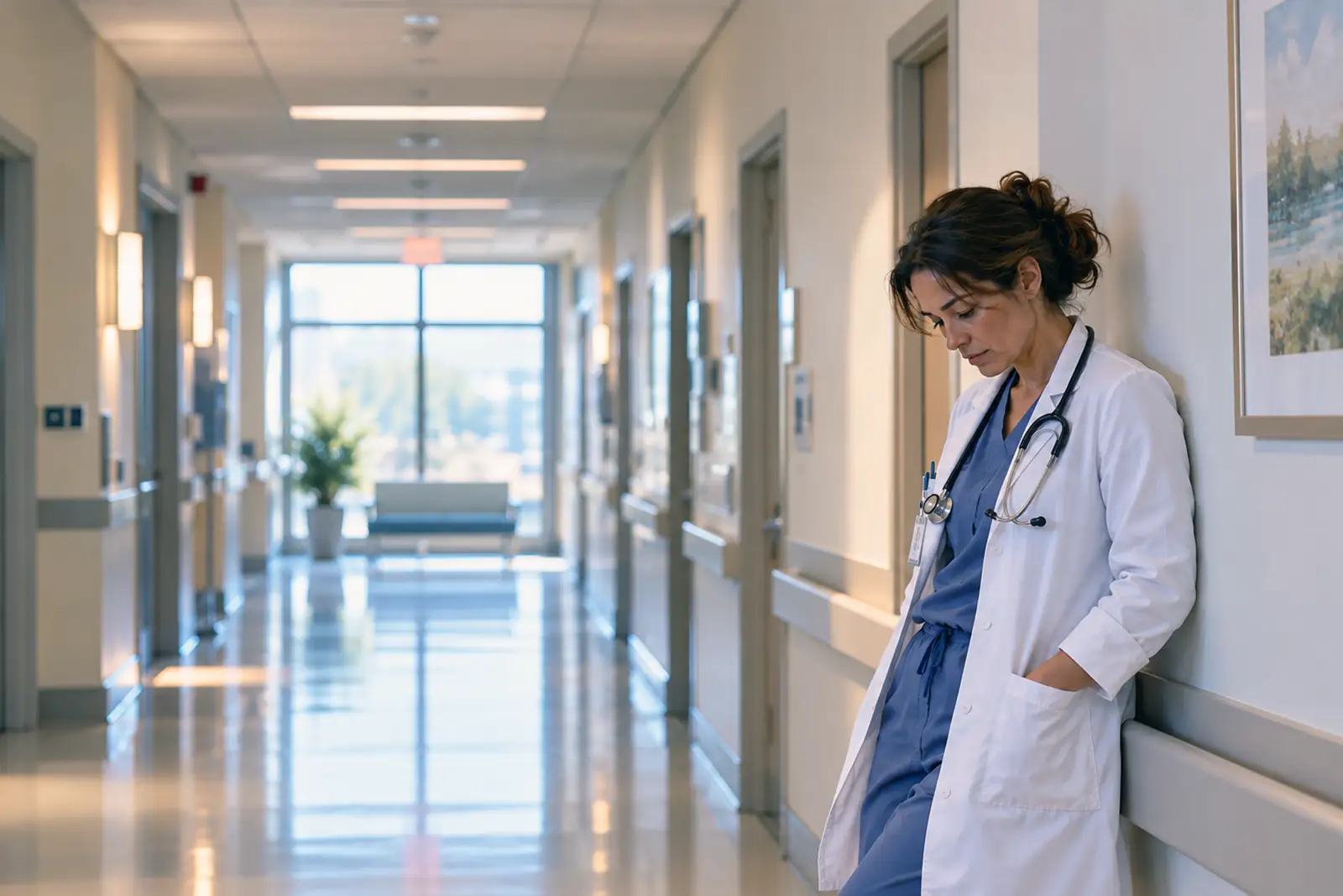 Physician pausing in a hospital corridor looking depleted