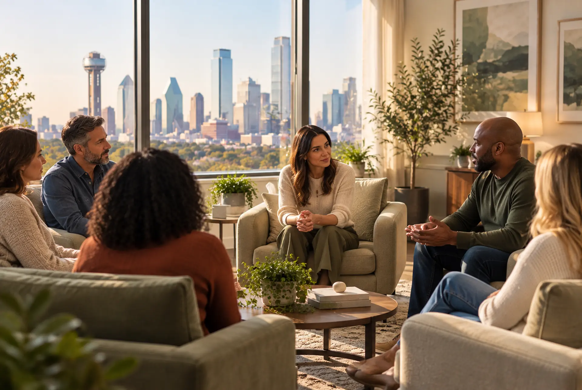 A group therapy session at Saltwood Mental Health near University Park, TX