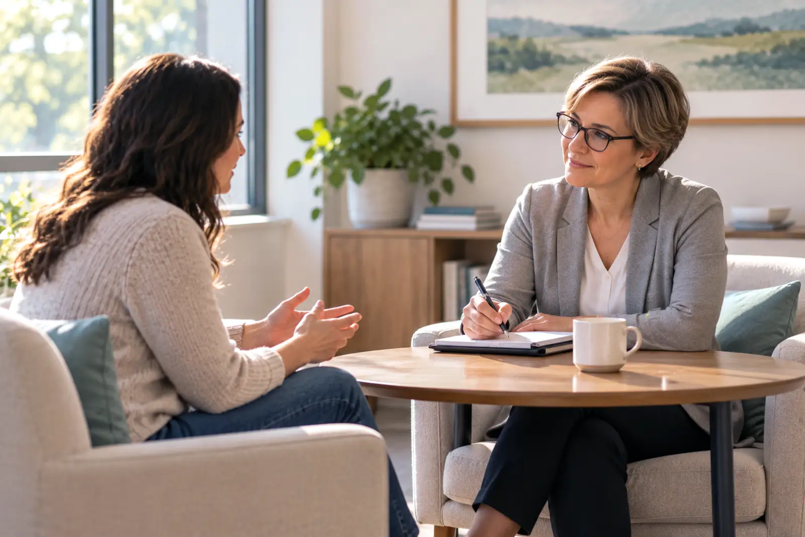 Adult discussing treatment options during a clinical intake in Dallas