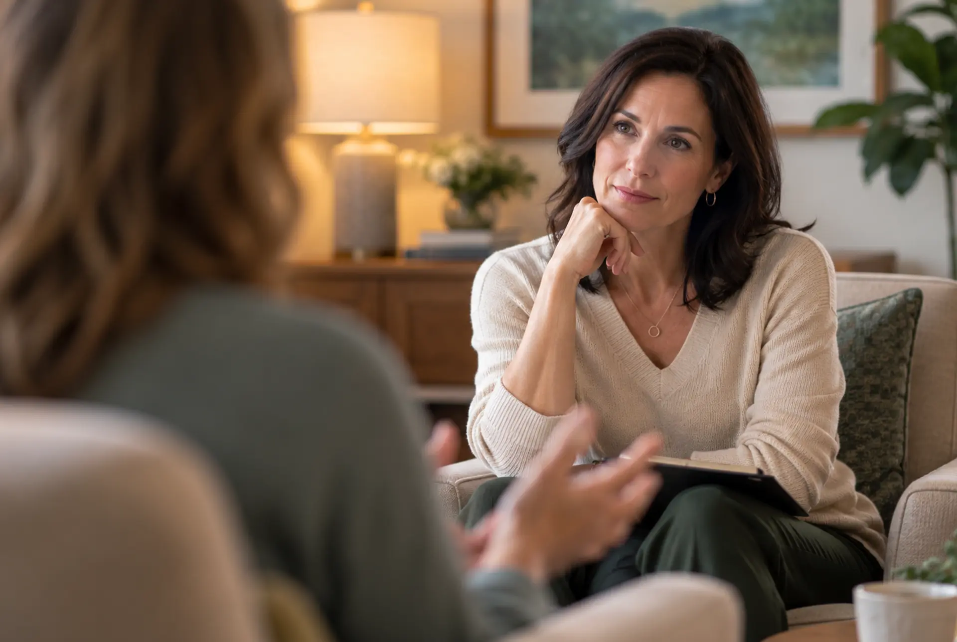 Two people talking, one in focus and one blurred in the foreground