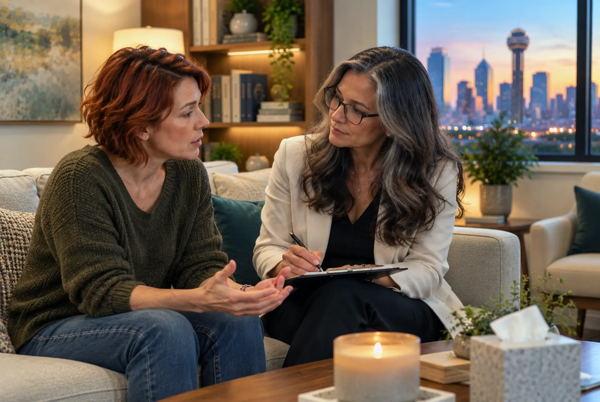 Adult speaking with a therapist during panic disorder treatment in Dallas, Texas.