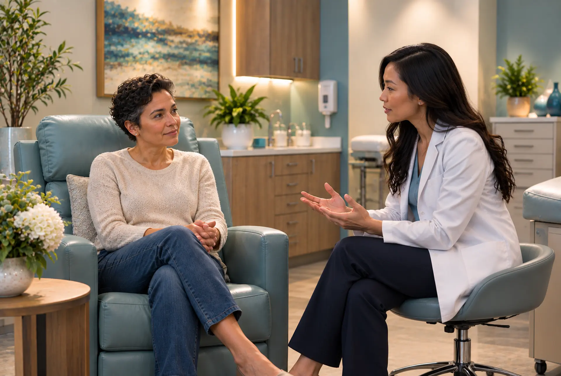 Adult in a calm, private clinical space during supportive care.