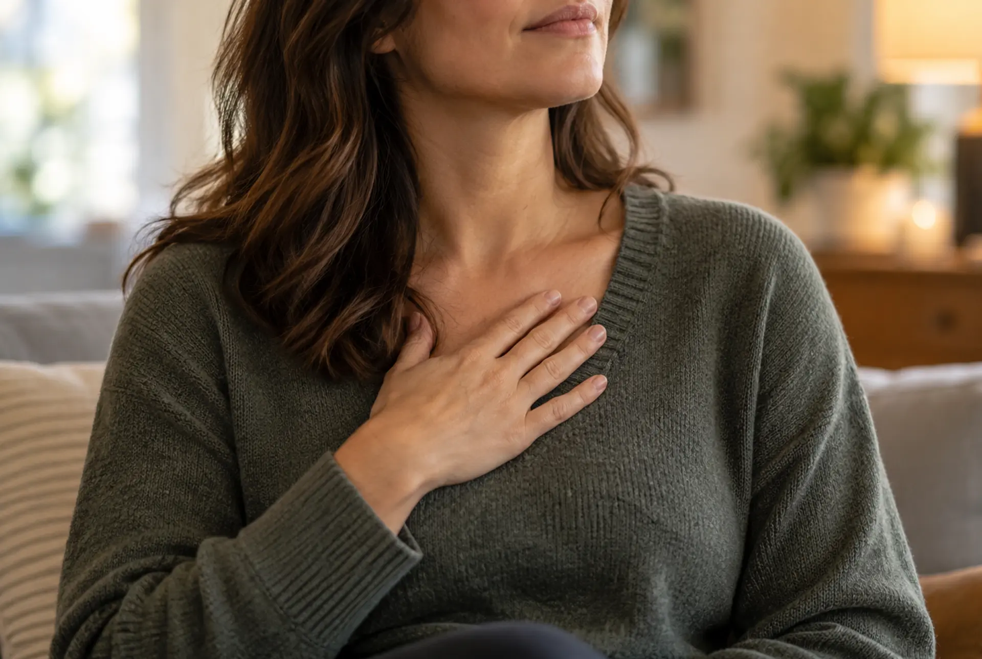 Person sitting with a hand resting on their chest