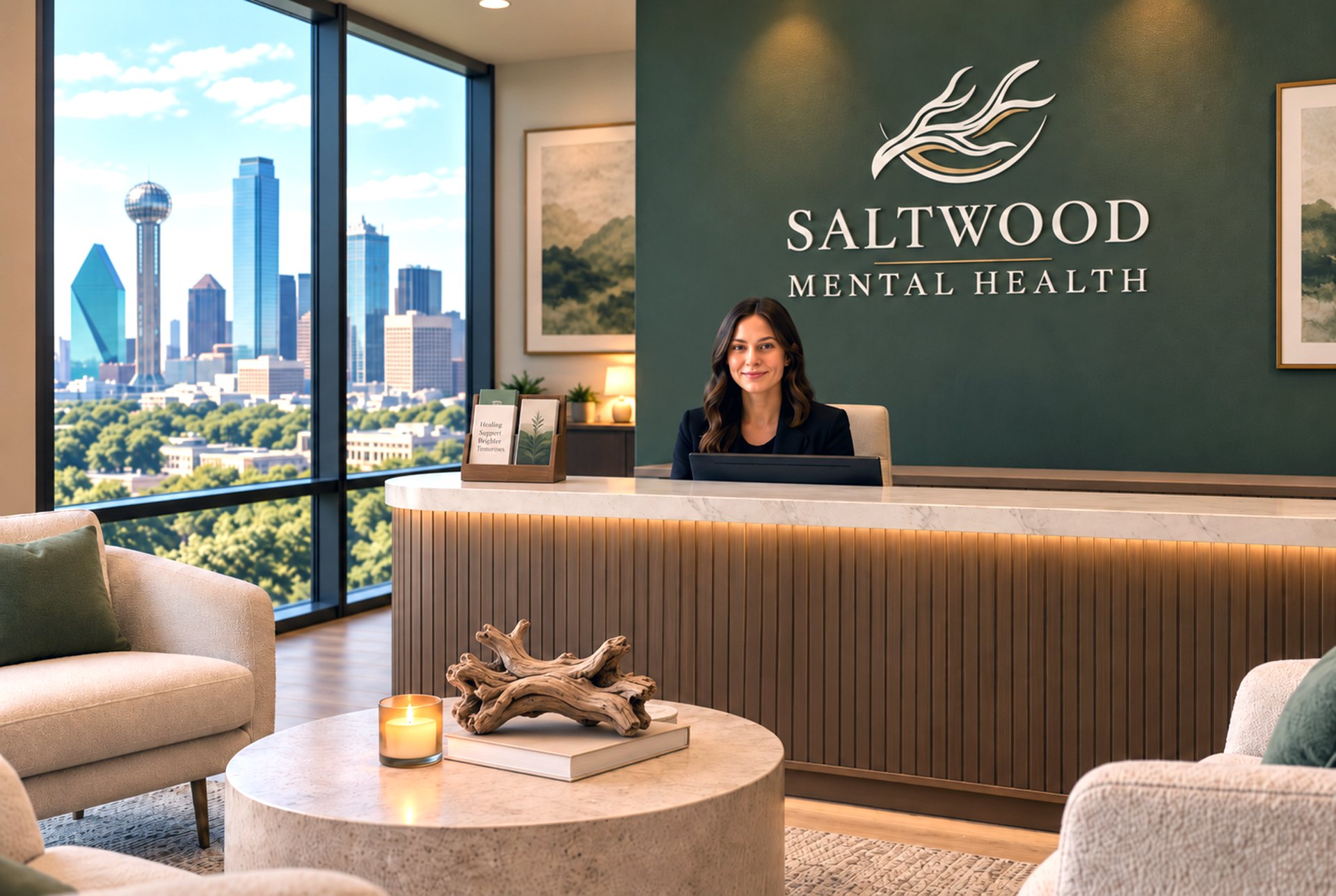A receptionist smiling at the entrance of a luxury mental health clinic in Dallas.