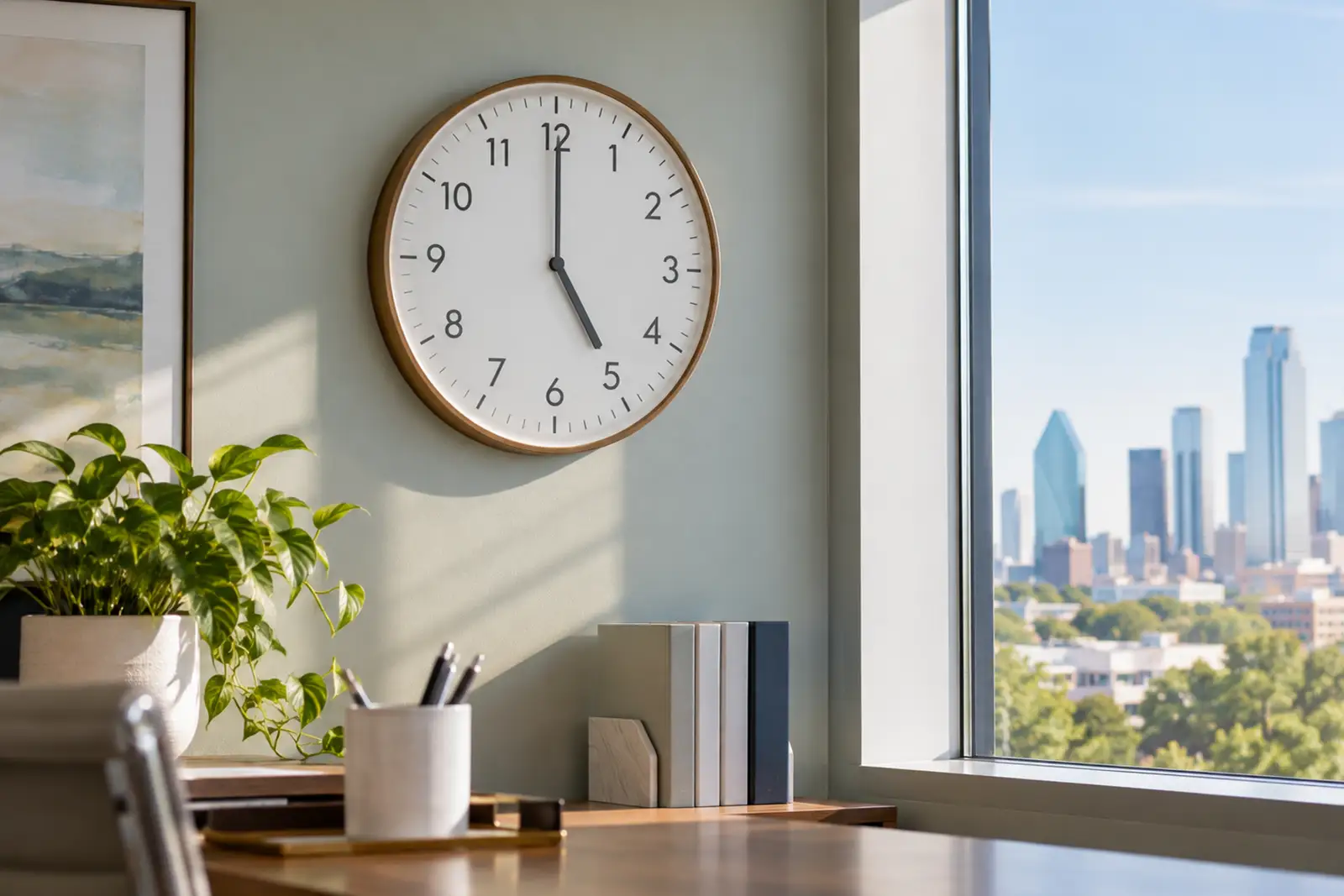 Daytime office clock representing time PHP requires during the workday