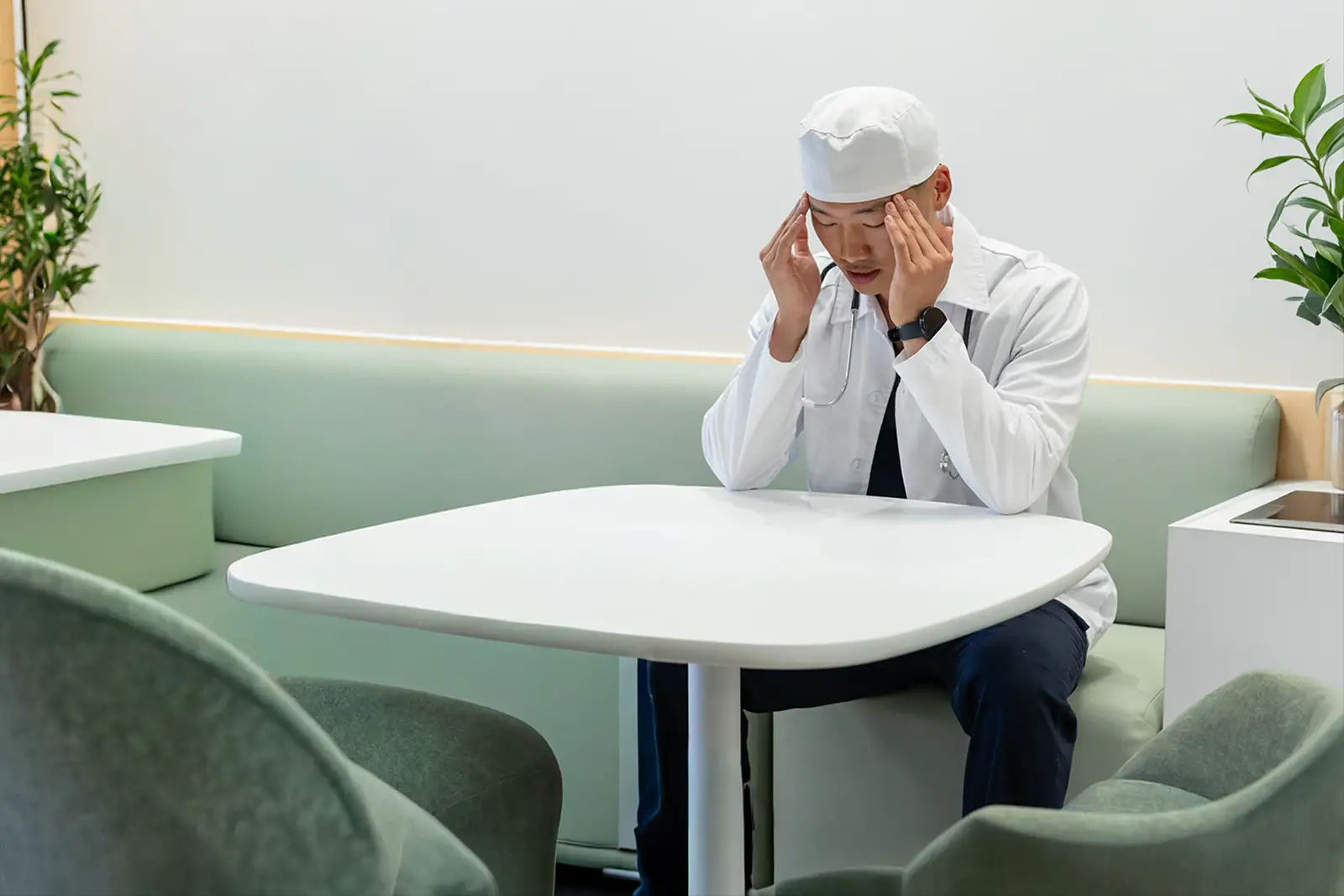 Physician sitting alone after a demanding shift