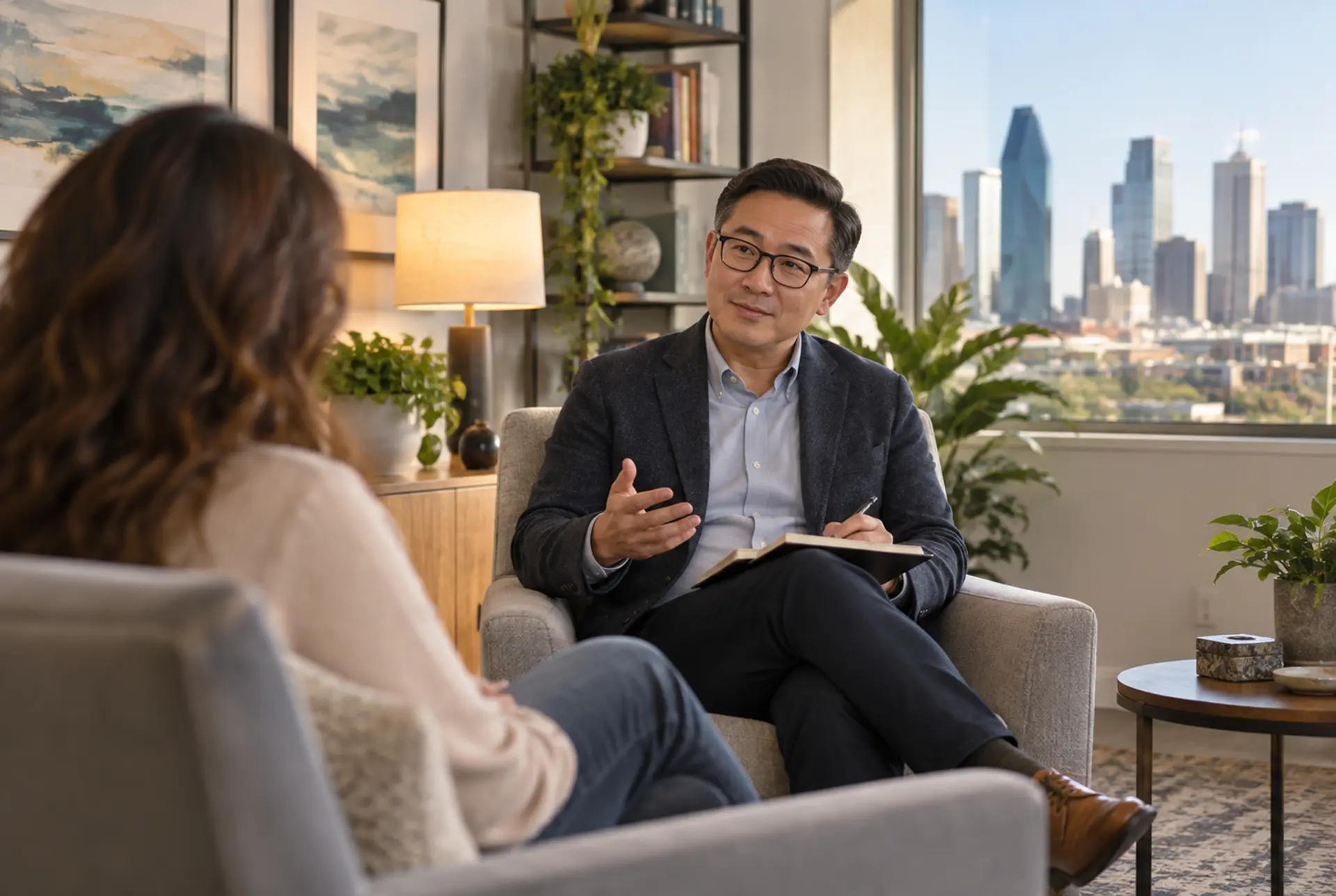 Therapist speaking with a client in a private office.