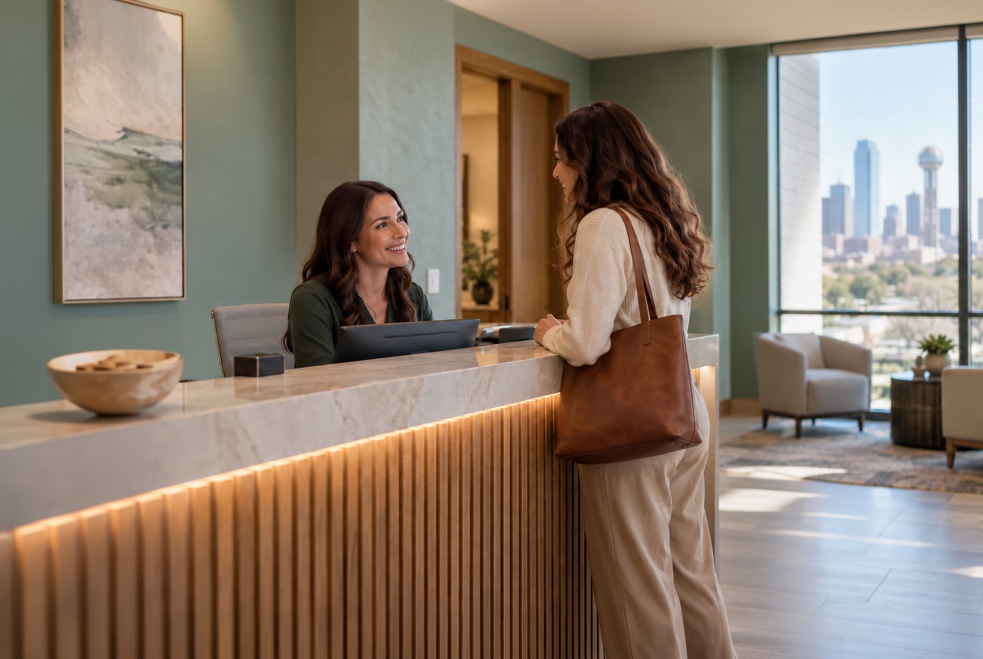 A woman talking to a receptionist at a mental health clinic offering postpartum depression treatment in Dallas